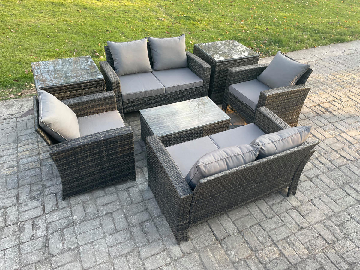GARTENMÖBEL-SET mit Kissen Polyrattan Dunkelgrau 6-Sitzer - Dunkelgrau, Metall - Fimous