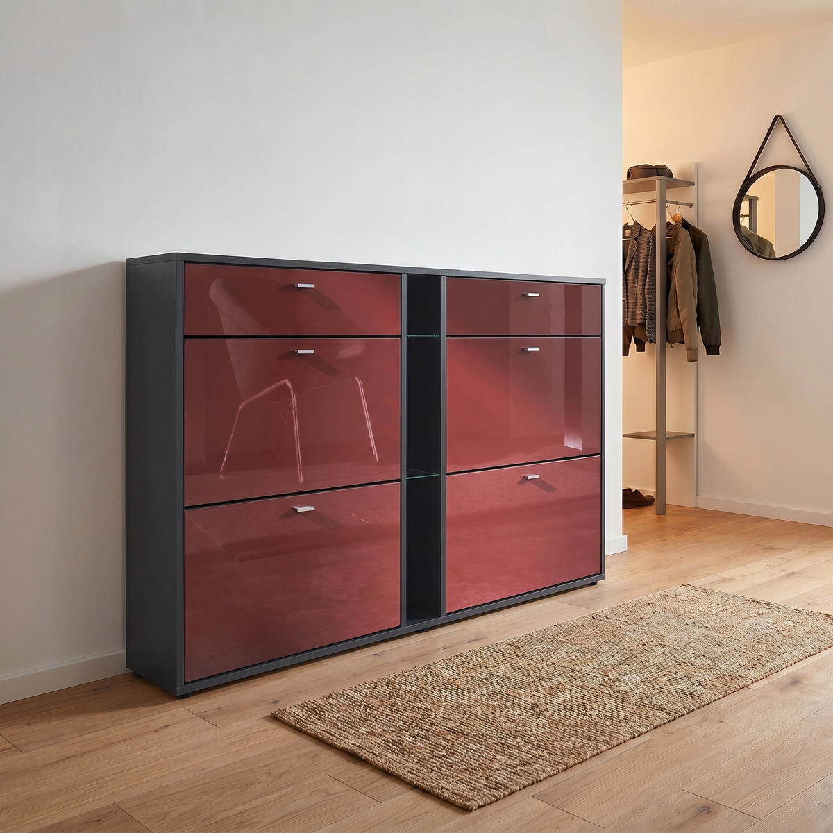 SCHUHSCHRANK Today Fronten in Bordeaux Hochglanz - Bordeaux, Holzwerkstoff (155.5/95/28cm) - Vladon