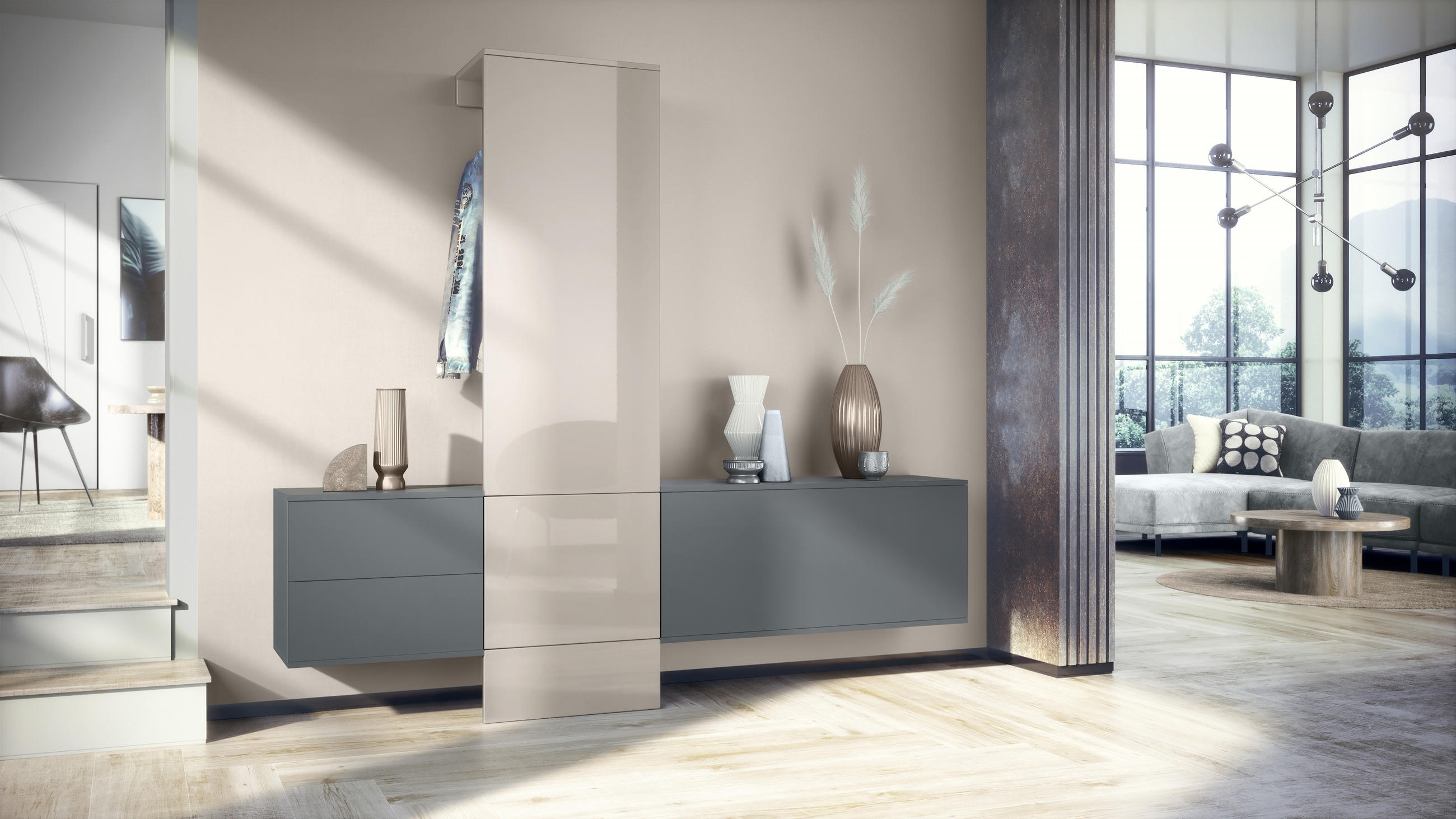 GARDEROBE Carlton Paneel in Sandgrau Hochglanz - Sandfarben, Holzwerkstoff (209/193/35cm) - Vladon