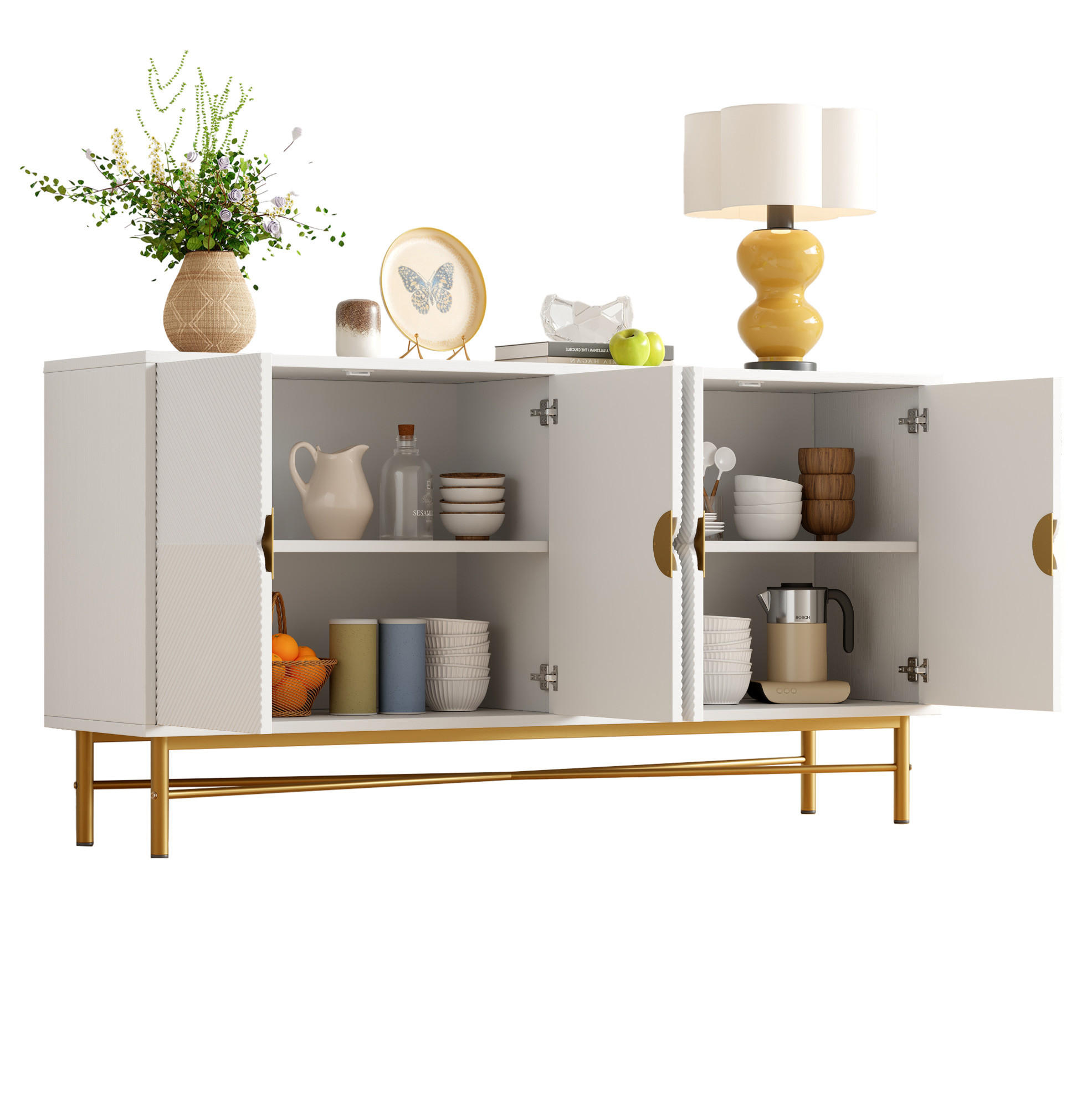 Modfu KOMODA z MDF a dřevotřísky 160x40x82 cm bílá se 4 dvířky, tichým dovíráním a reliéfním dekorem