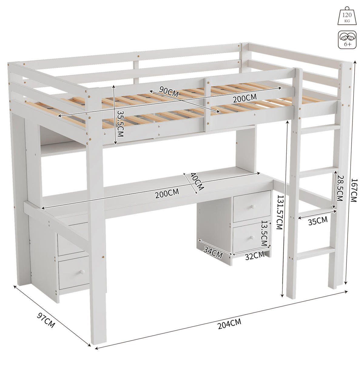 HOCHBETT 90/200 cm Weiß mit Schreibtisch und Stauraum - Weiß, Holz (90/200cm) - Flora Grace