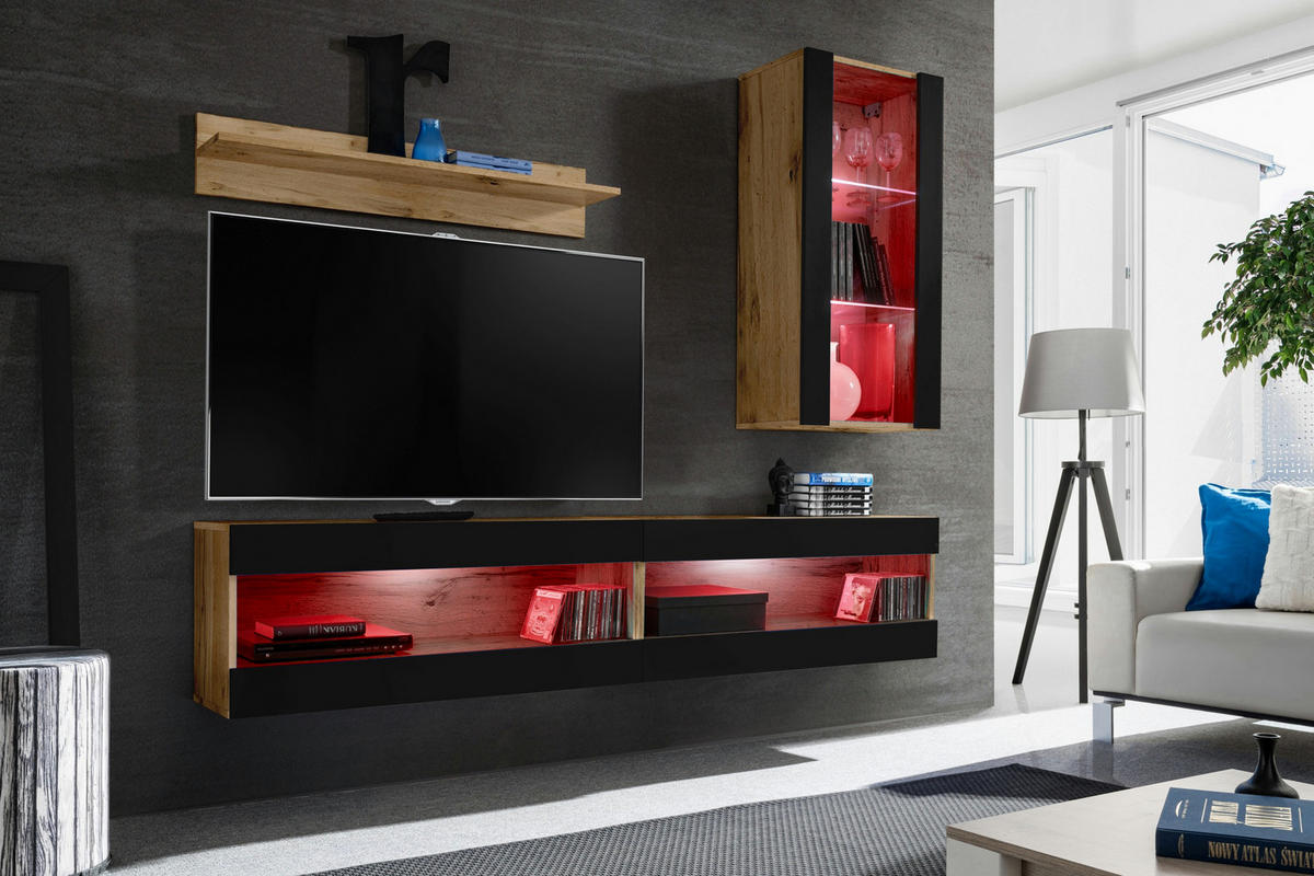 WOHNWAND 4-er Set, TIVOLI SET5 mit mehrfarbige LED RGB Beleuchtung Wotan + Schwarz, Offener Raum - Eiche Wotan/Schwarz, Glas/Holzwerkstoff (240/195/35cm) - Komodee