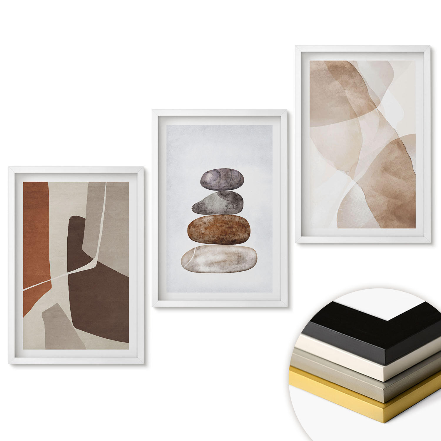 WANDBILDER 3er-Set - 40x60 cm Weißer Rahmen - Moderne abstrakte Malerei - Weiß, Kunststoff (40/60cm) - ArtPrintCave