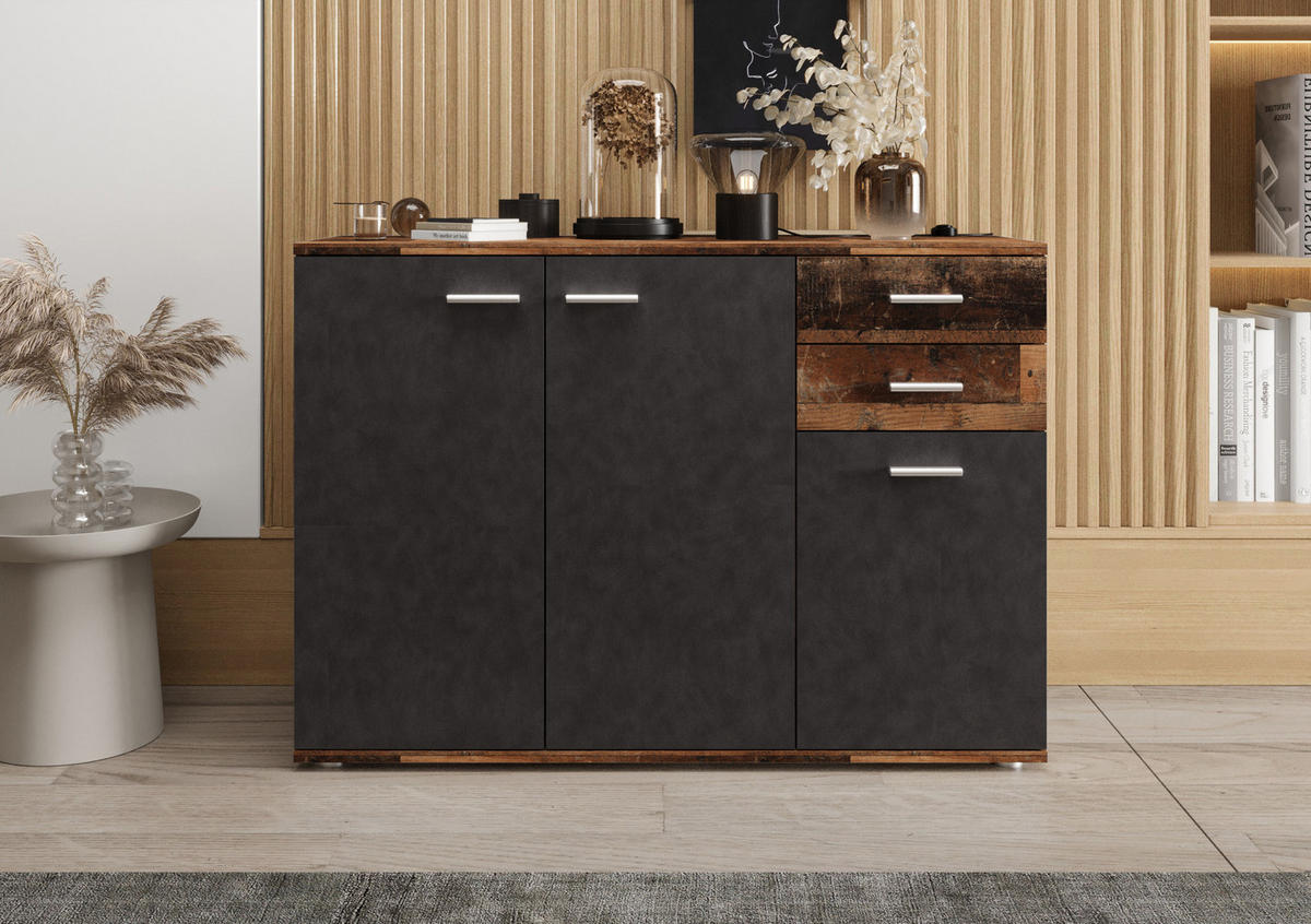 KOMMODE London LMK 3D2S mit 3 Türen, Sideboard in Farbe: Dunkelbraun|Schwarz, Größe: 106 x 75 x 35 cm - Dunkelbraun/Schwarz, Holzwerkstoff (106/75/35cm) - O-Sofa