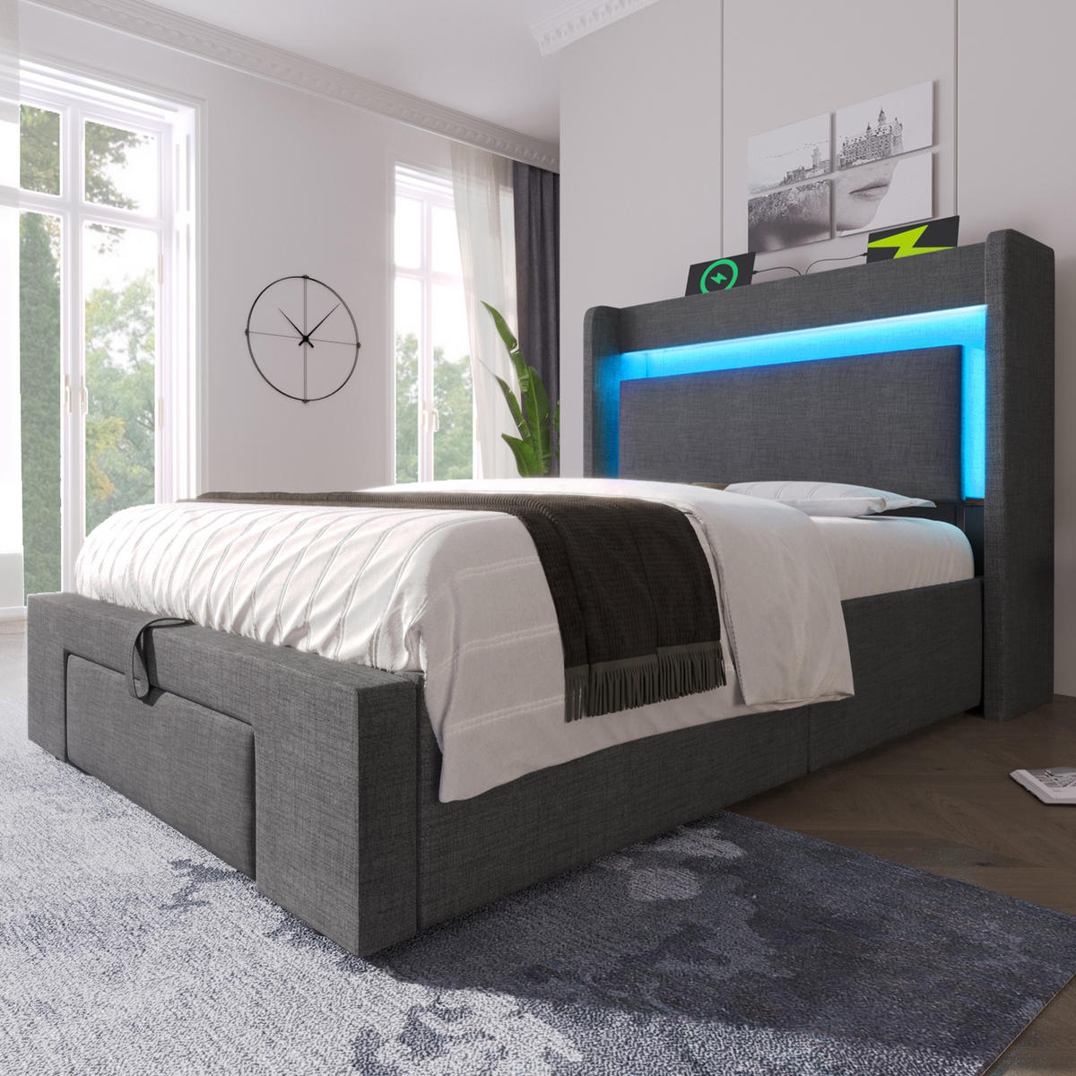 POLSTERBETT aus Leinen 90x200 cm Grau mit Matratze, LED, USB- und USB-C-Anschlüssen und Stauraum - Grau, Textil (90/200cm) - IVMEU