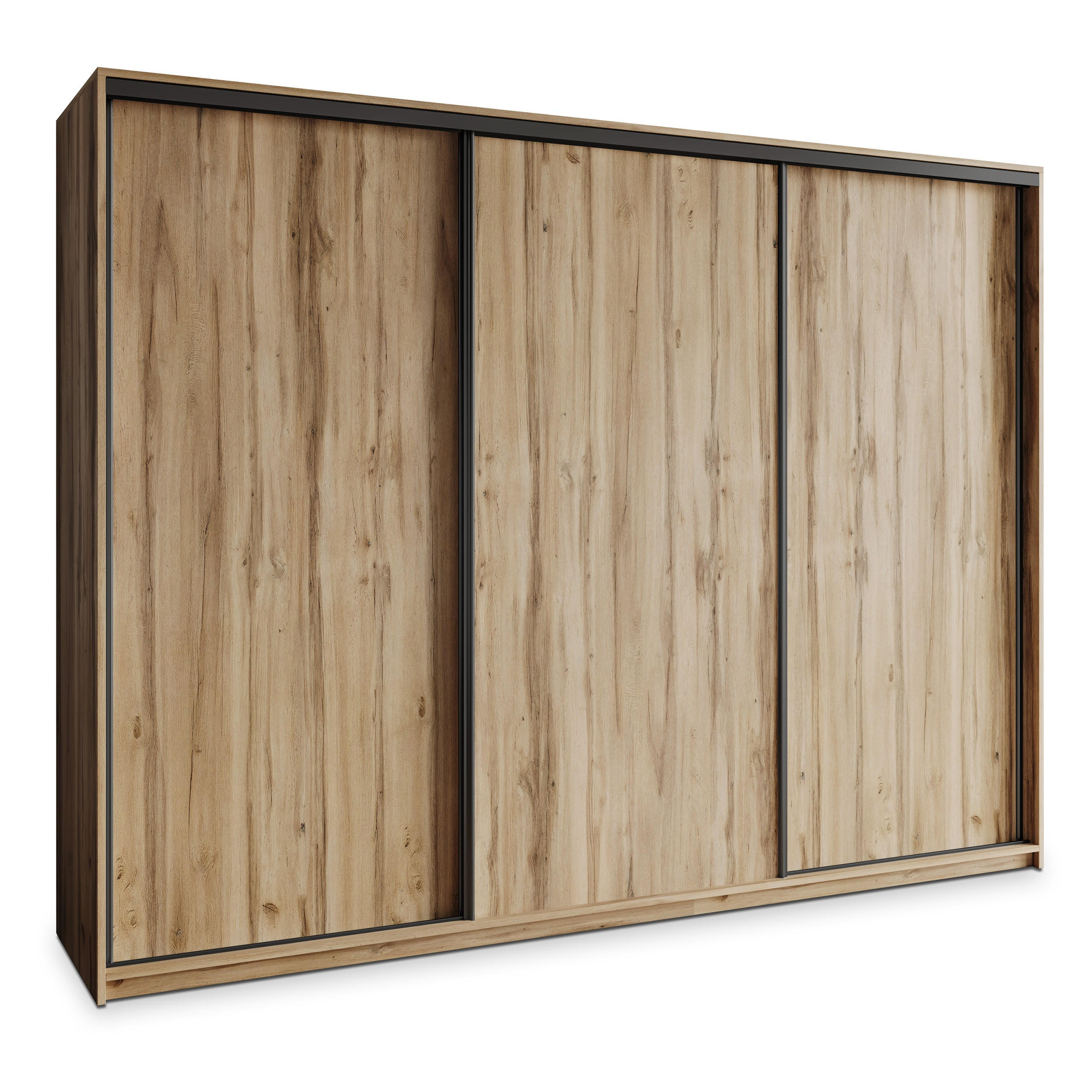 SCHWEBETÜRENSCHRANK NISSE 250/205/60 cm 3-türig mit Schubladen Eiche Wotan - Eiche Wotan/Schwarz, Holzwerkstoff (250/205/60cm) - MASSENO