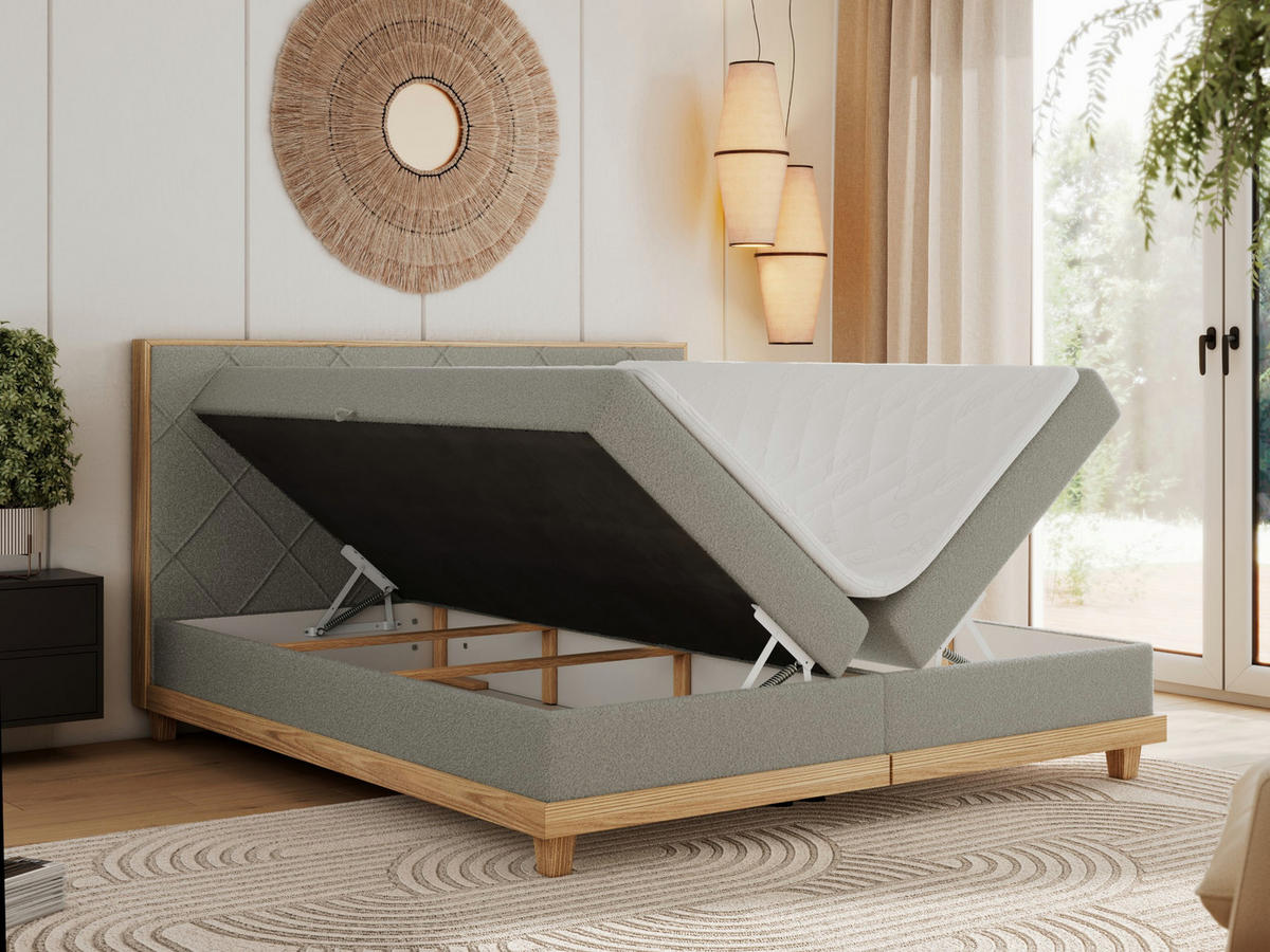 BOXBETT CAICOS 160/200 - Hellgrau Boucle - H4 - Hellgrau, Holz/Textil (160/200cm) - MKS