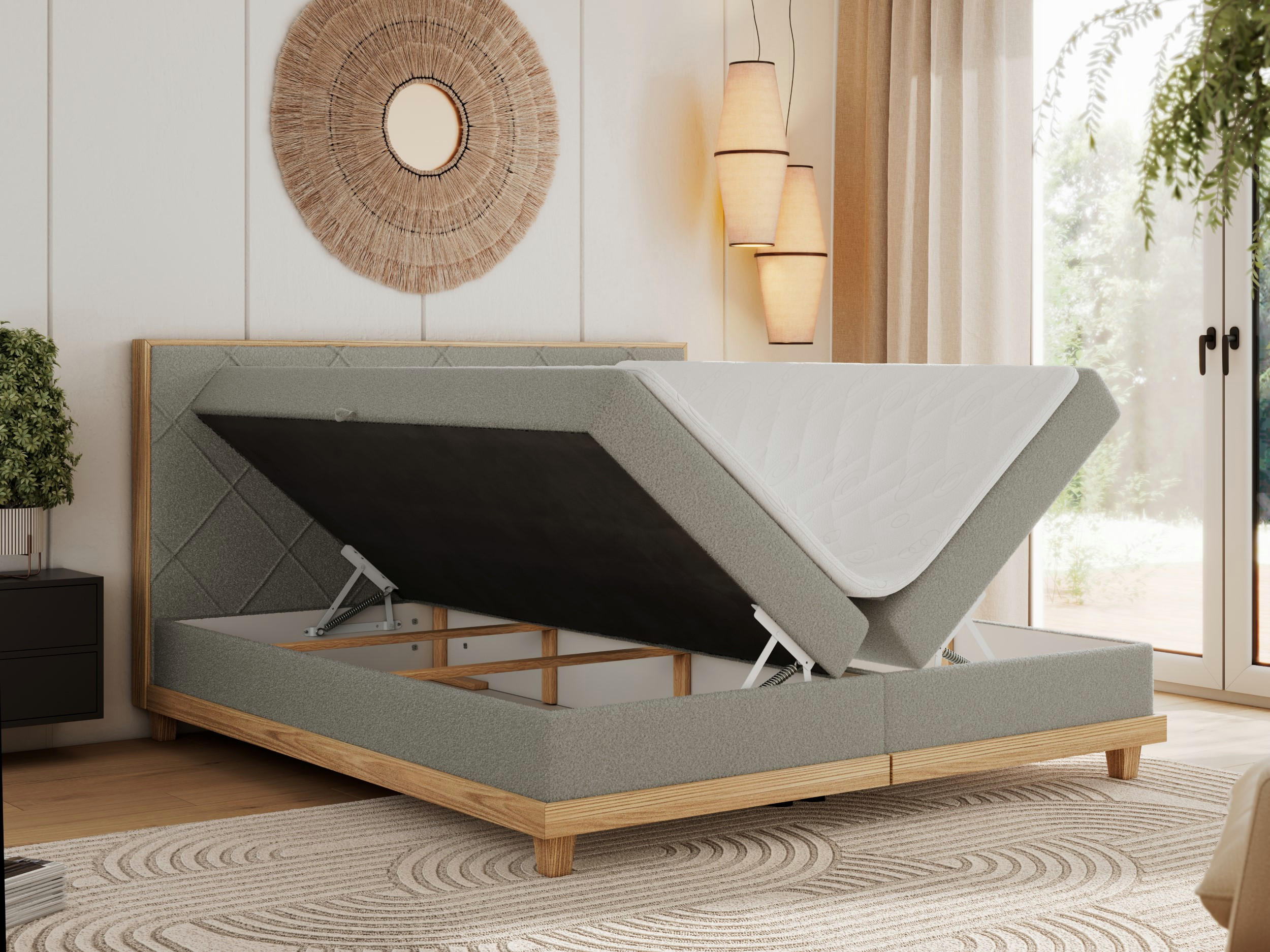Thumbnail - MKS Boxbett, Hellgrau, Textil, 2-Sitzer, H3, Rechteckig, 160x200 cm, Oeko-Tex®, Schlafzimmer, Betten, Boxspringbetten