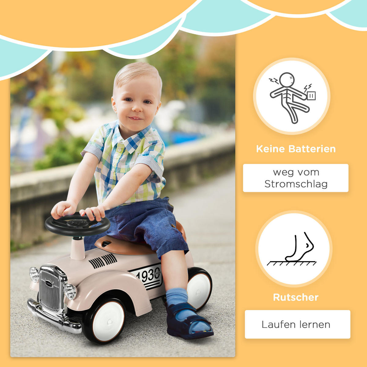 KINDER RUTSCHAUTO, Cremeweiß, Kunststoff+ Metall - Creme, Metall (58/27/35cm) - AIYAPLAY