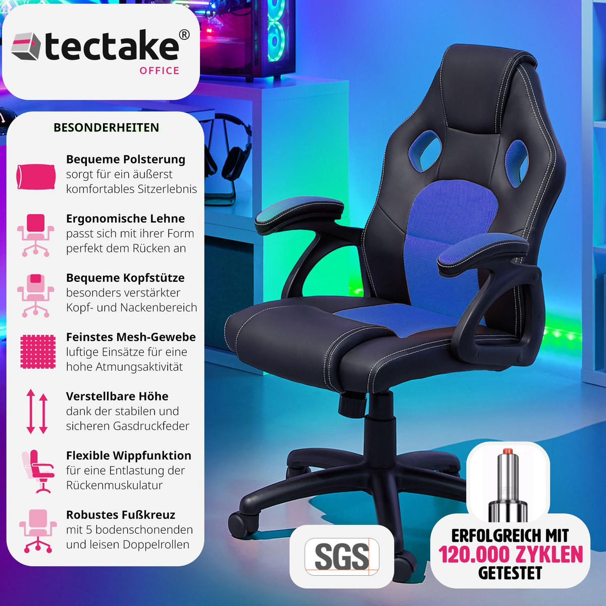 BÜROSTUHL Mike,stufenlos höhenverstellbar,schwarz/blau - Blau/Schwarz, Leder (68/114.5/69cm) - tectake