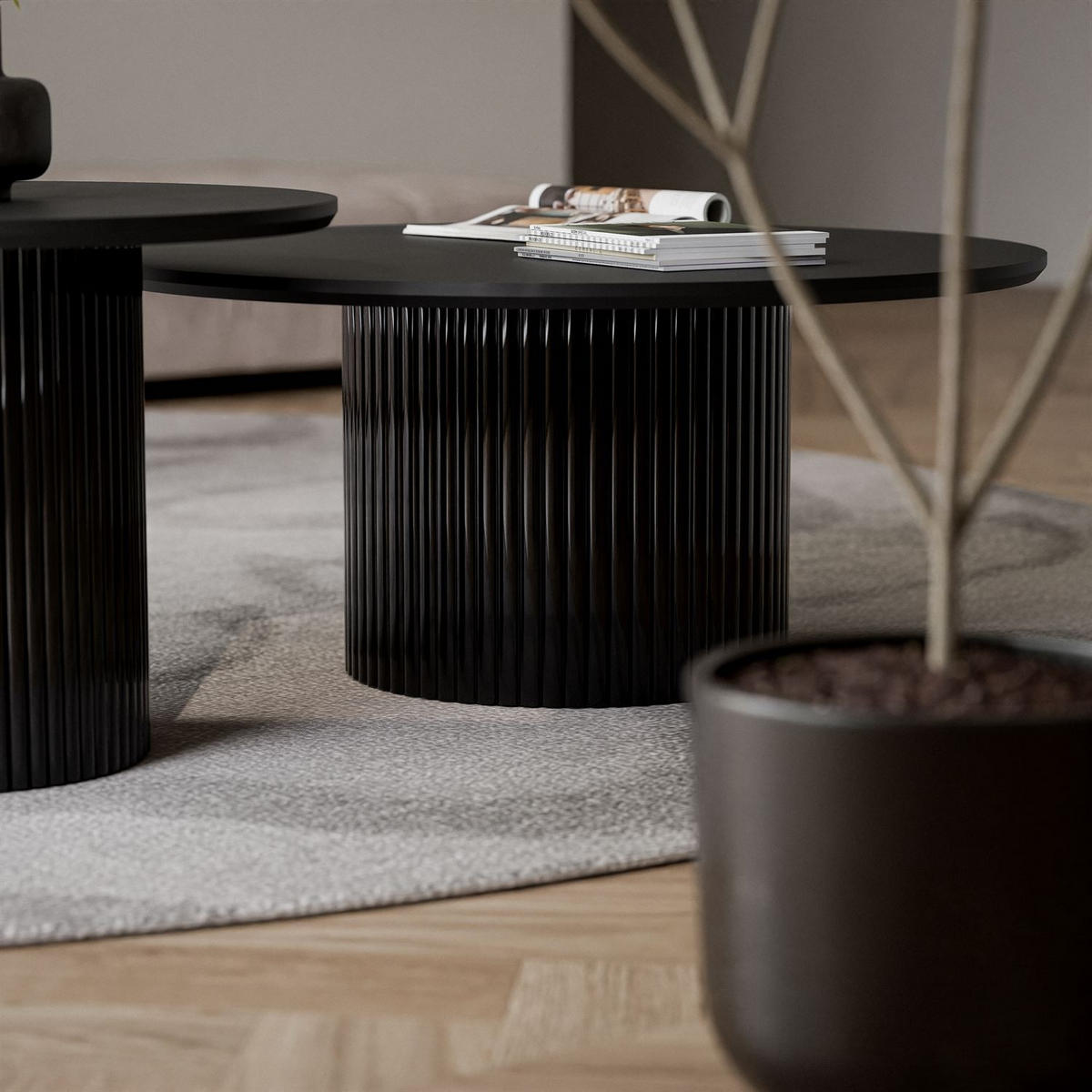 COUCHTISCH-SET OVI mit geriffeltem Sockel - Schwarz, Holzwerkstoff (80/80/42cm) - Lookway