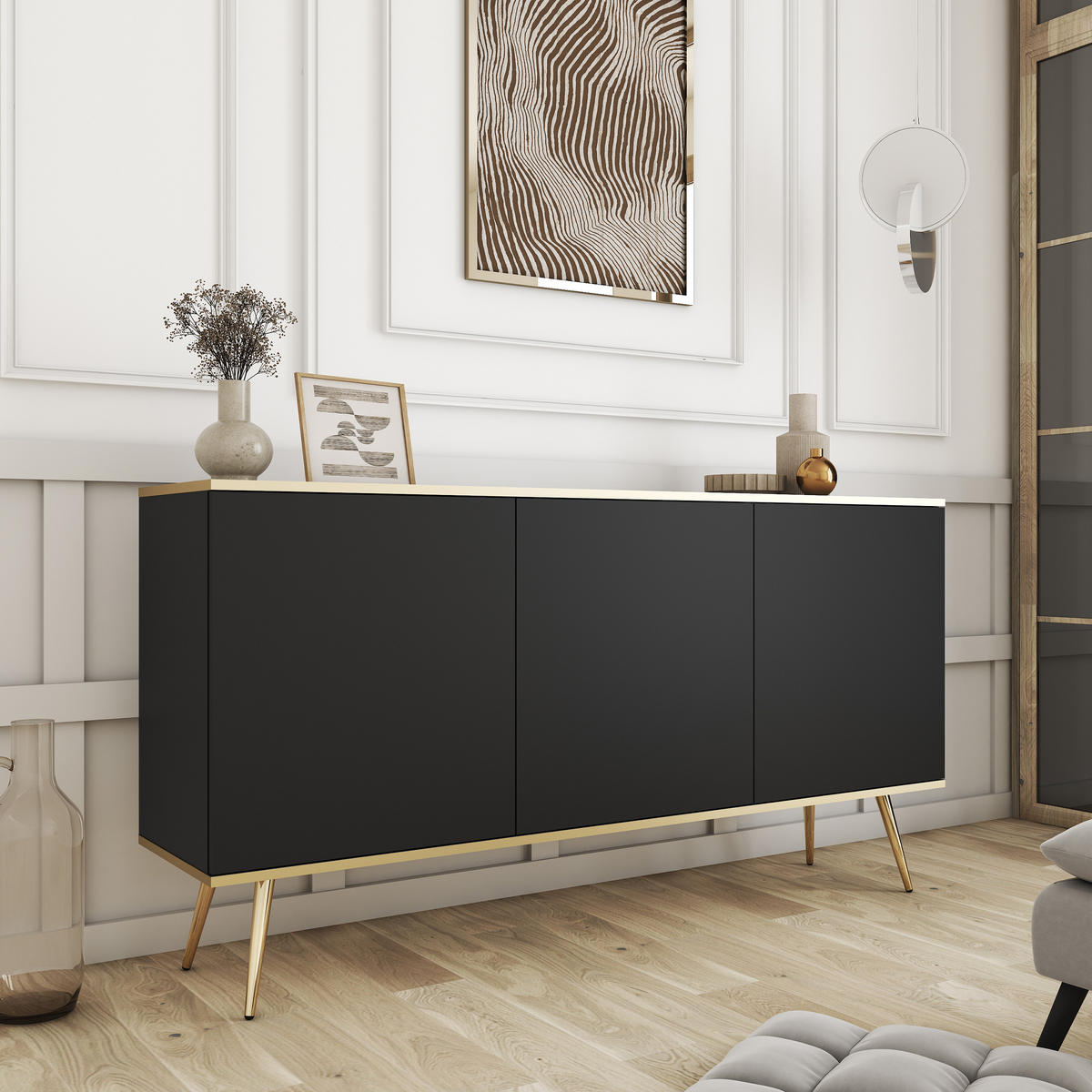 SIDEBOARD VENEZIA 160/85/39cm 3 Türen Schwarz - Schwarz, Holzwerkstoff (160/85/39cm) - MASSENO