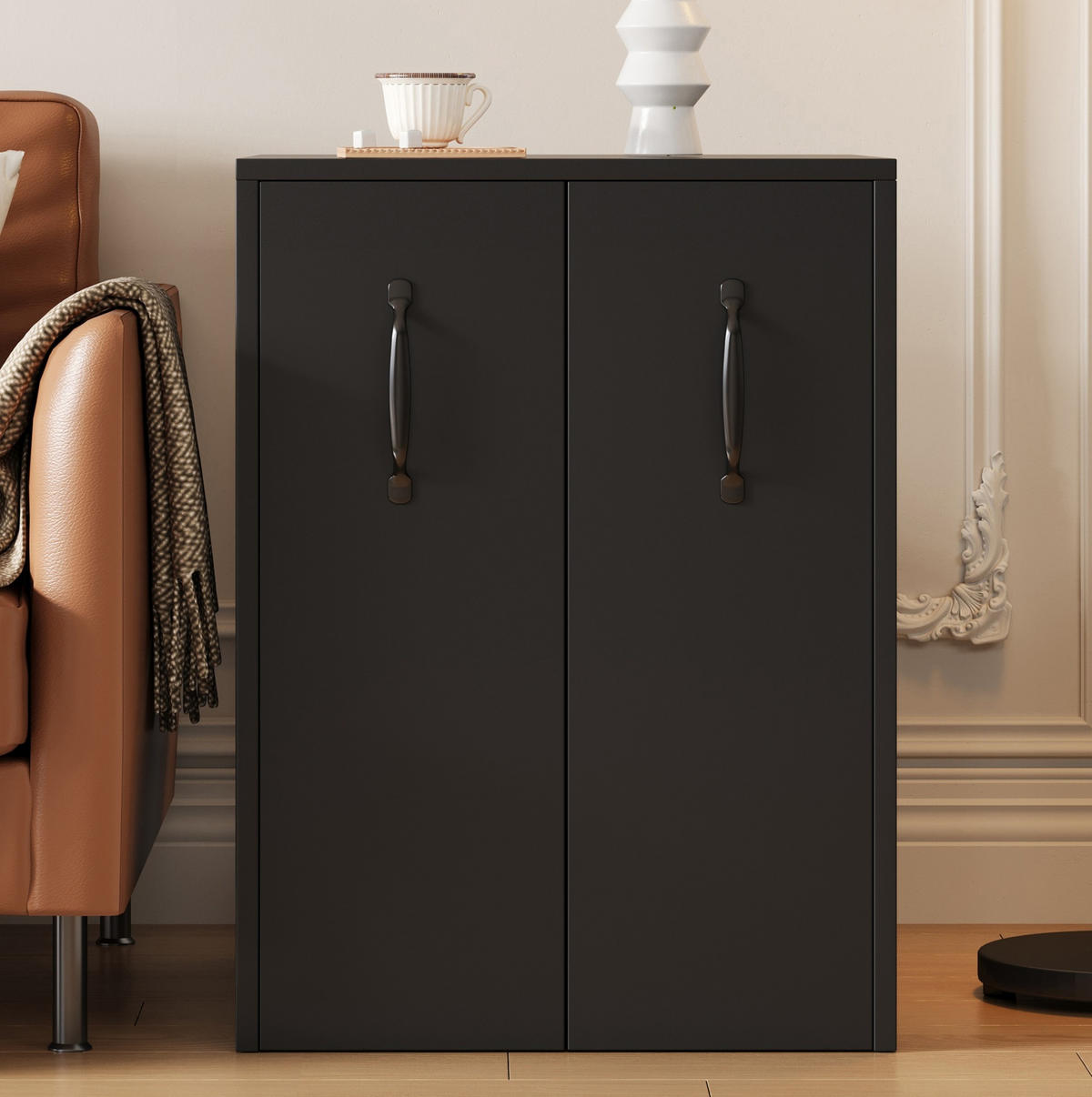 SIDEBOARD 52/50/75 cm in Schwarz mit Rollen und ausziehbaren Modulen - Schwarz, Holzwerkstoff (52/75/50cm) - Flora Grace