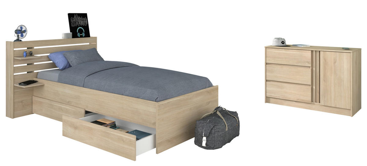 SCHLAFZIMMER-SET Eiche japanisch, Set 2-teilig mit Stauraumbett und Kommode - Eichefarben, Holzwerkstoff/Metall (152/89/217cm) - Parisot Meuble