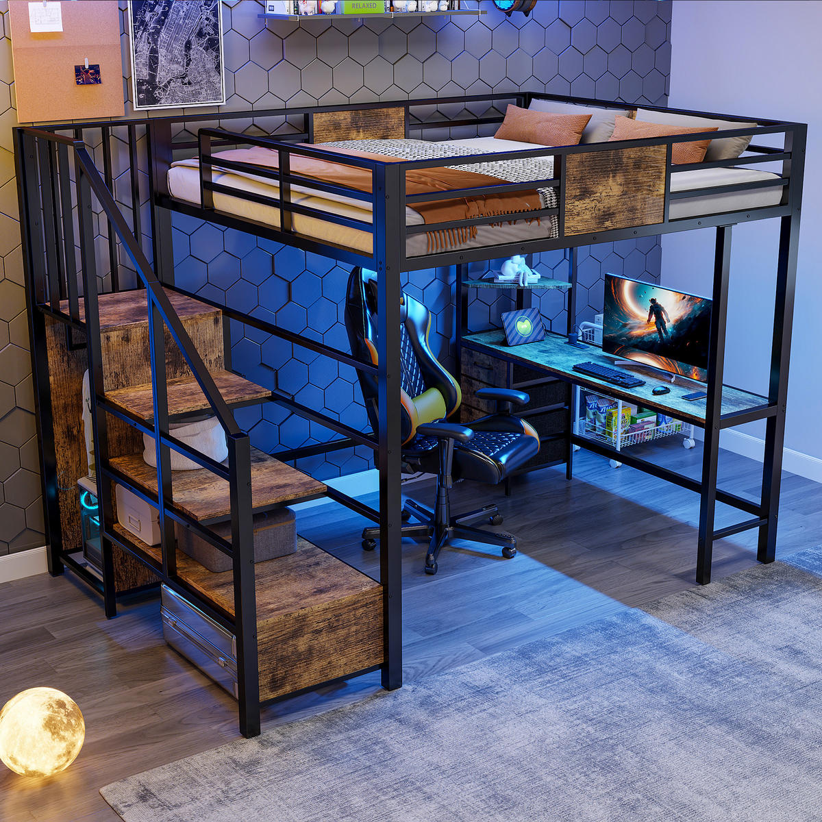 HOCHBETT 140/200 cm mit Schreibtisch, LED und Steckdose - Schwarz, Metall (140/200cm) - MIVRAY