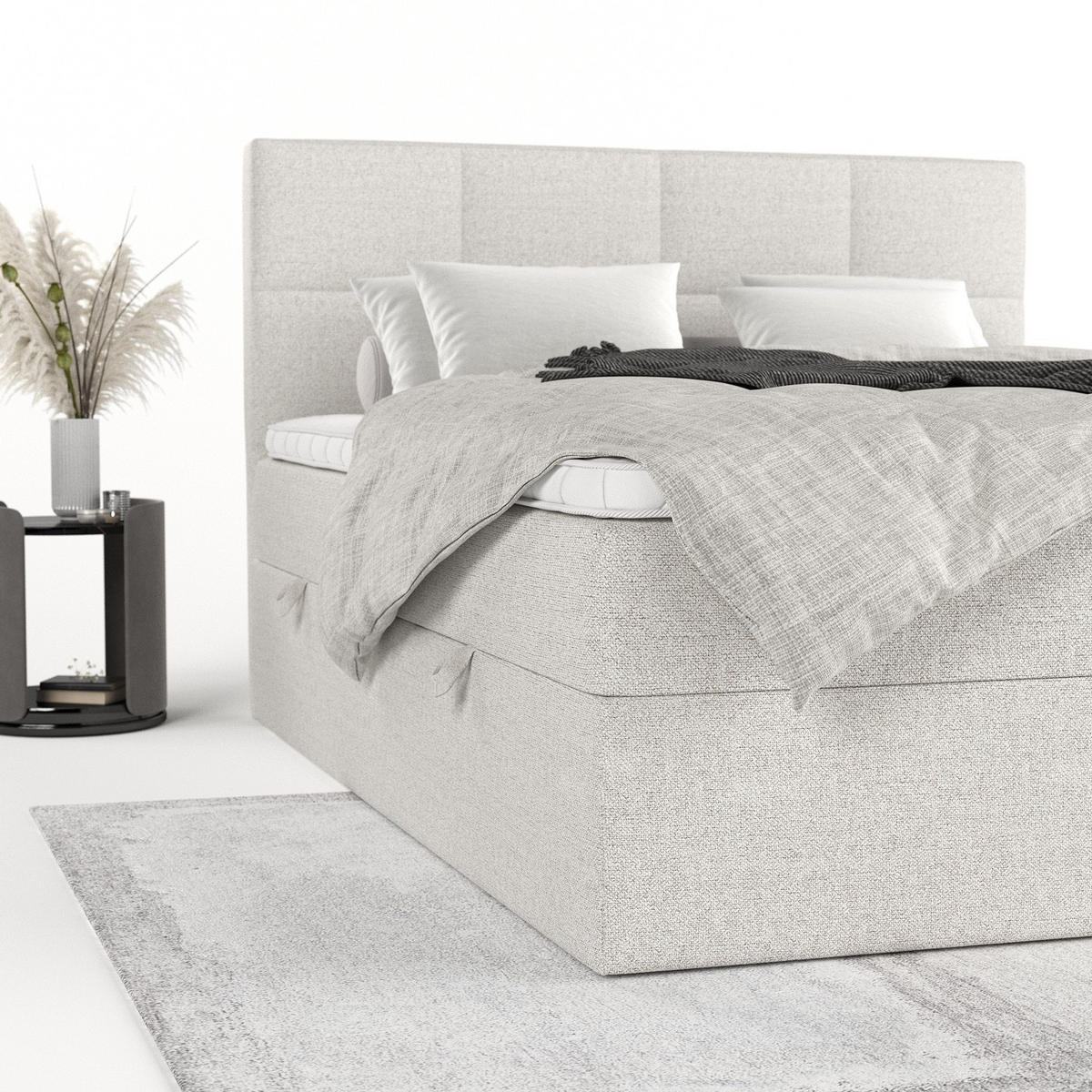 BOXBETT Oris 140/200 cm Hellbeige im Riva Stoff - Sandfarben/Schwarz, Holz/Holzwerkstoff (140/200cm) - AltaBeds