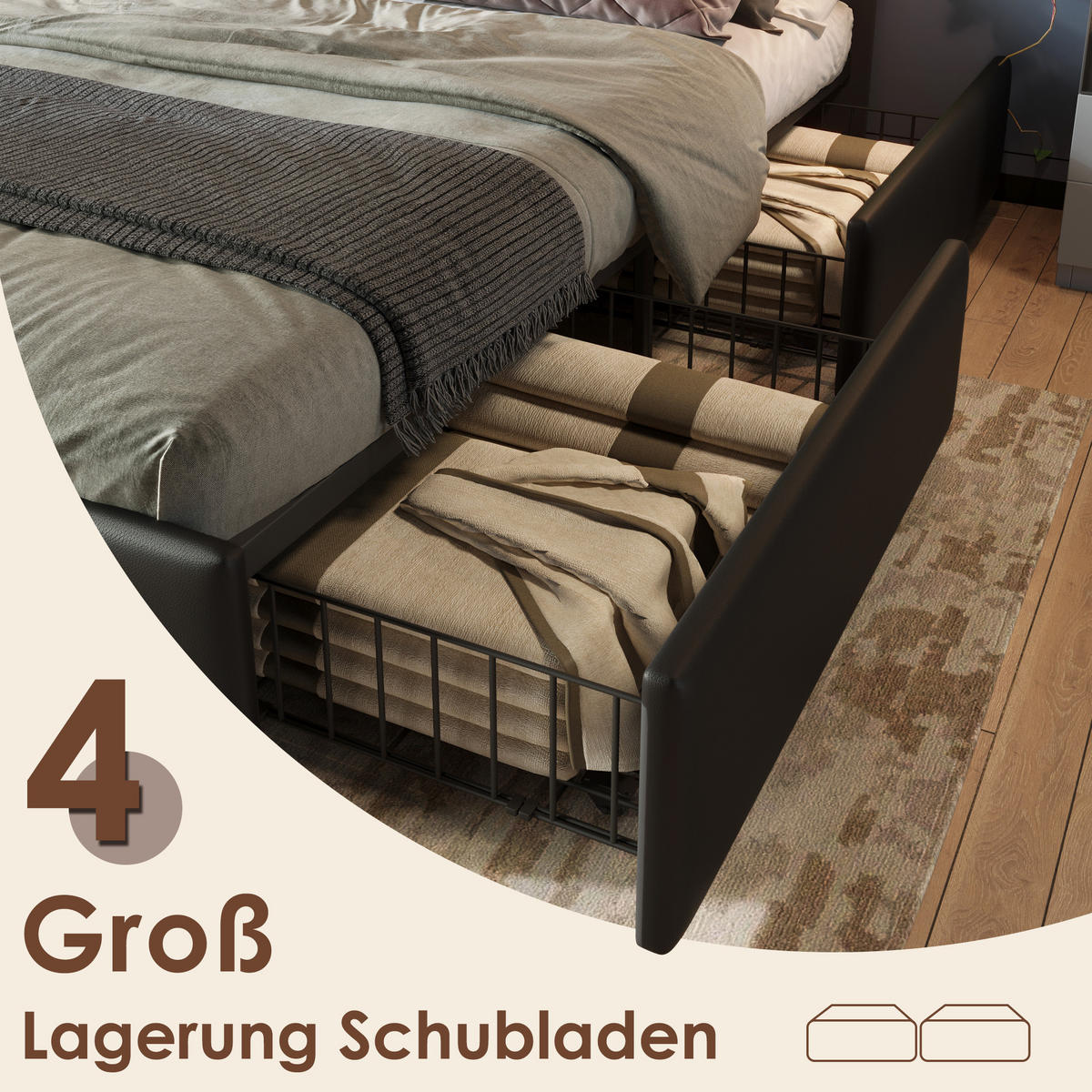 POLSTERBETT 90/200 cm mit LED-Beleuchtung, 4 Schubladen, verstellbarem Kopfteil und PU-Kunstleder, und Matratze,Schwarz - Schwarz, Kunststoff (90/200cm) - Redom