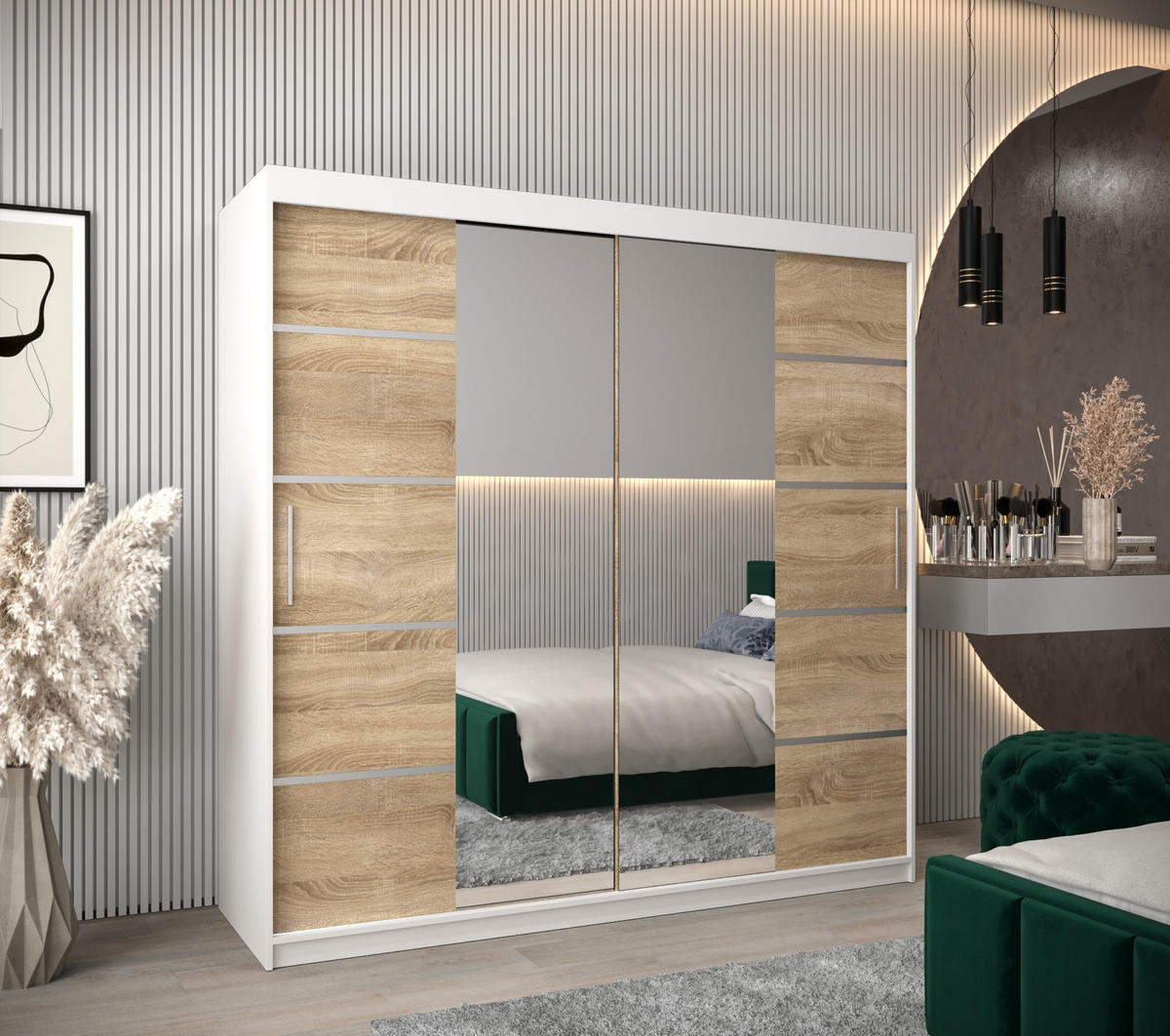 SCHWEBETÜRENSCHRANK 200/200/62 2-türig - Silberfarben/Weiß, Holz/Kunststoff (200/200/62cm) - Abiks Möbel