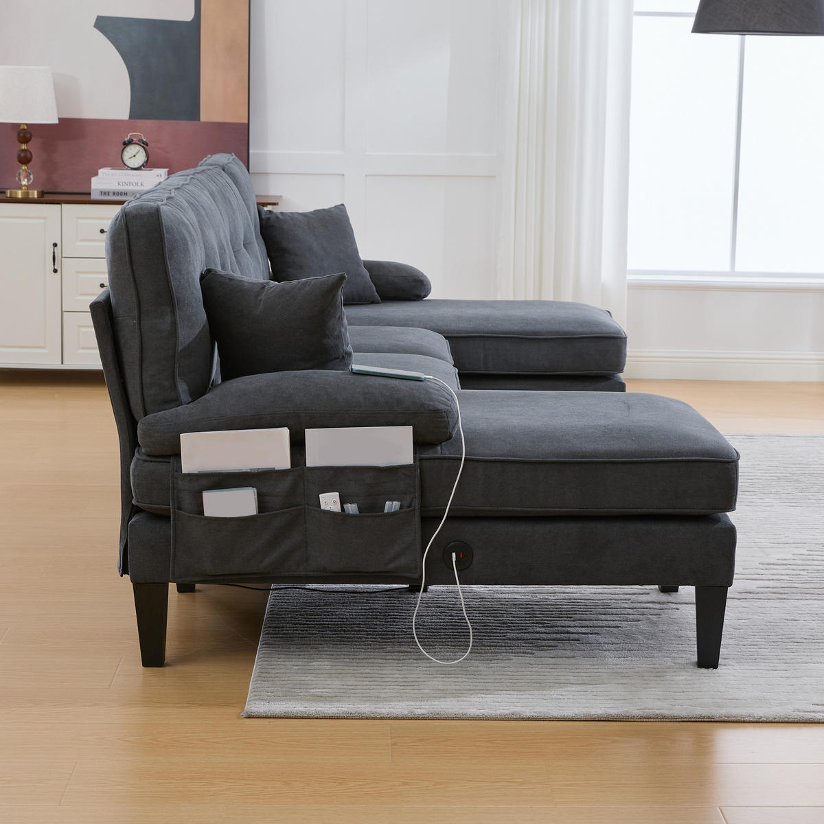 WOHNLANDSCHAFT 250/130/88 cm Dunkelgrau Leinen mit Aufbewahrungsfach und USB/Type-C-Ladeanschluss - Dunkelgrau, Textil (250/88/130cm) - Oxeza
