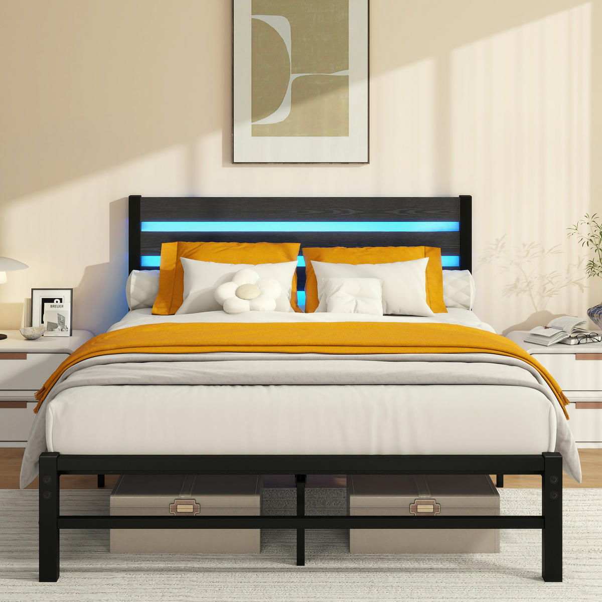 METALLBETT 140/200 cm Schwarz mit USB-Ladestation und LED-Bettrahmen - Schwarz, Metall (140/200cm) - Oxeza