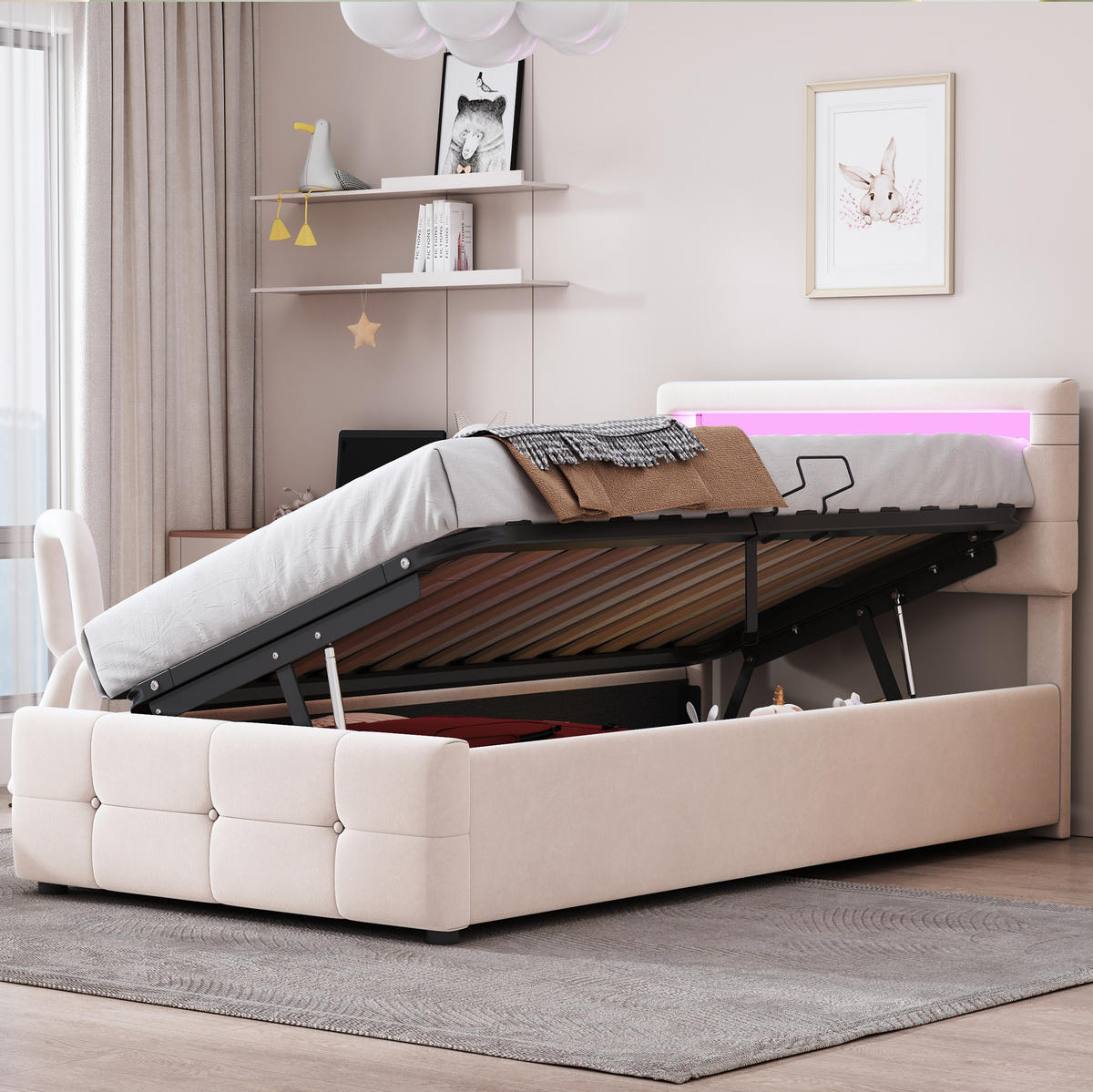 POLSTERBETT mit LED und Stauraum 90x200 cm Samt Beige - Beige, Metall (90/200cm) - Beauniv
