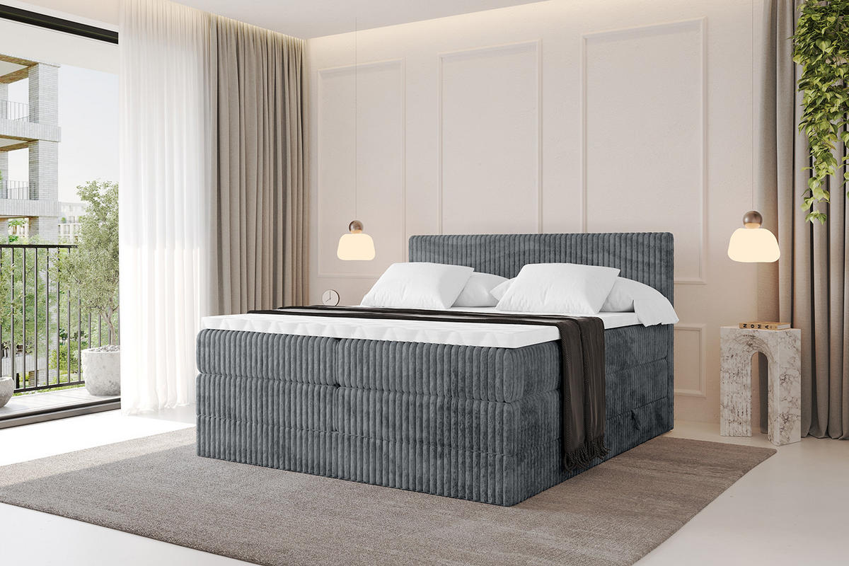 BOXSPRINGBETT mit Matratze H3|H4 und Lattenrost - TOLO KING 200x200 Cord - Dunkelgrau - Dunkelgrau, Holzwerkstoff (200/200cm) - ALTDECOR