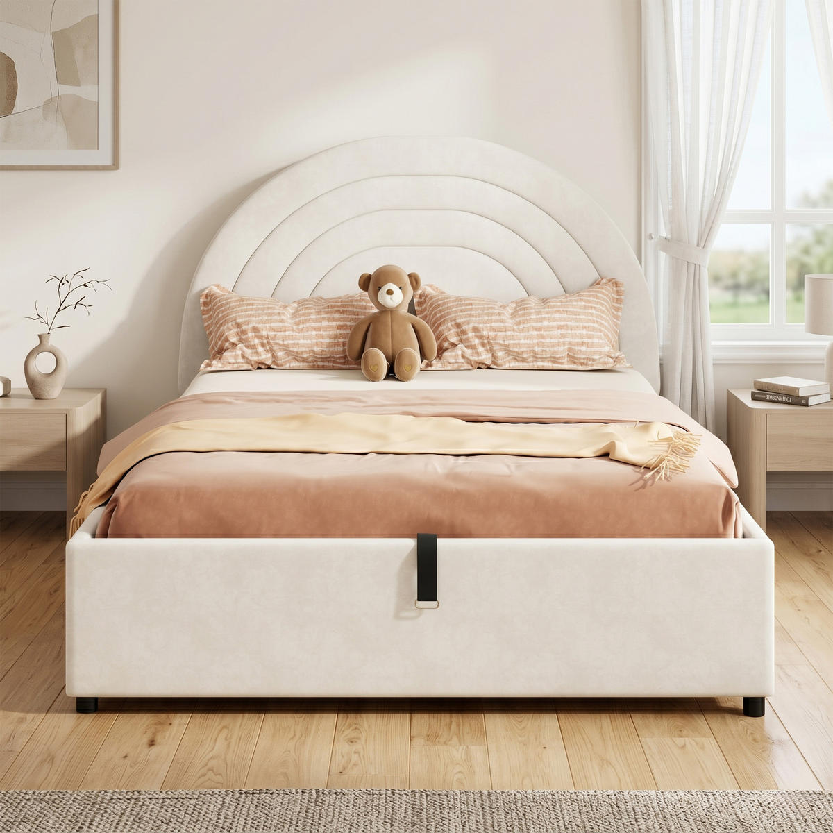 POLSTERBETT 140/200 cm in Beige mit Bettkasten Samt Kinderbett - Beige, Holzwerkstoff/Textil (140/200cm) - STILVORA