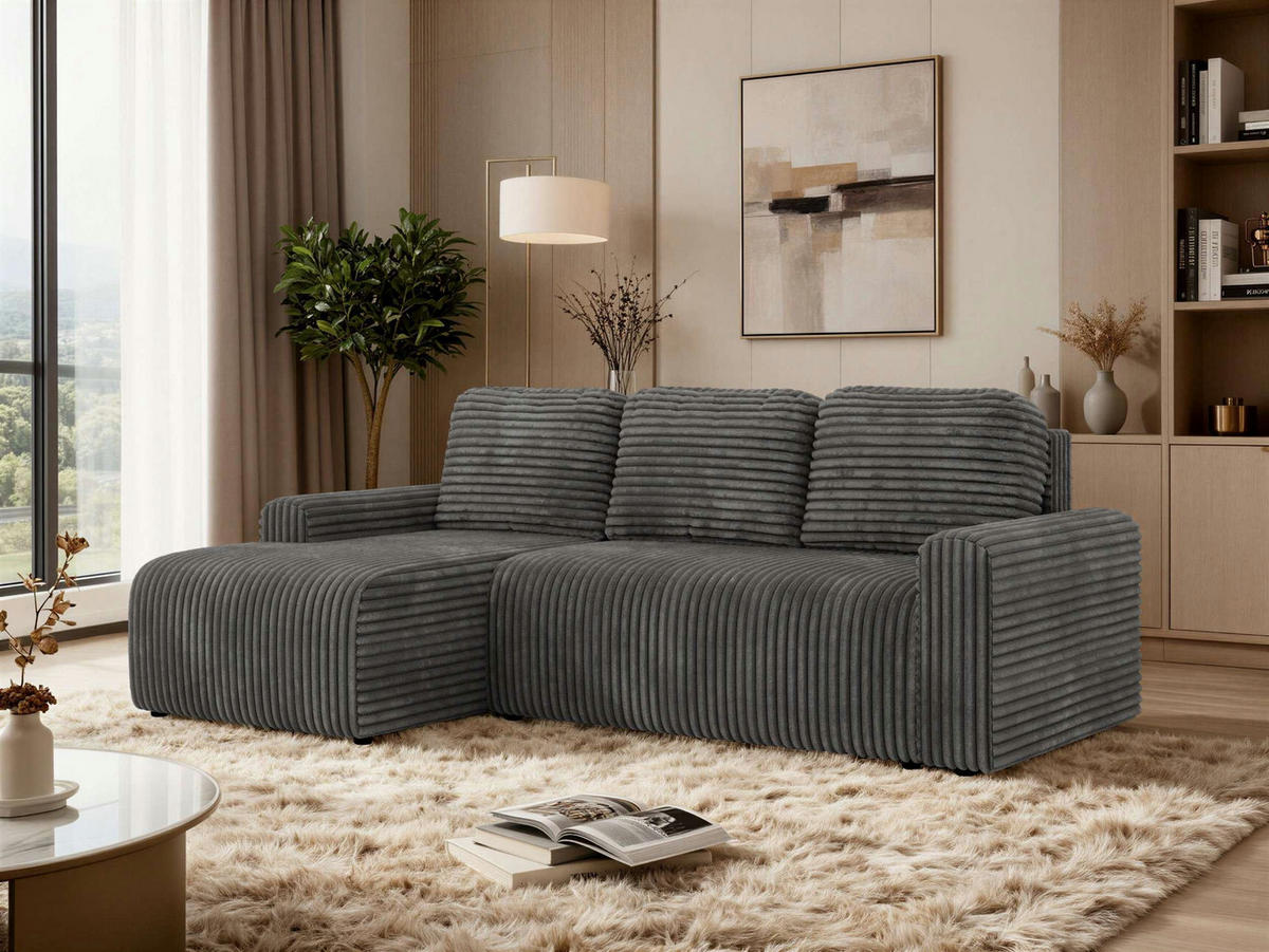 ECKSOFA NESSARO L Grau Cord - Links Seite - Schwarz/Grau, Kunststoff/Textil (244/151cm) - MKS