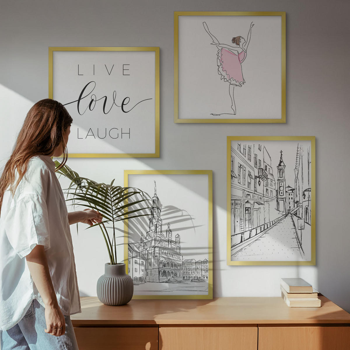 BILDER SET 4er Set - 50x50 cm & 40x60 cm Goldrahmen - Stilvolle Grafik, Ballerina-Architektur - Goldfarben, Kunststoff (50/50cm) - TULUP