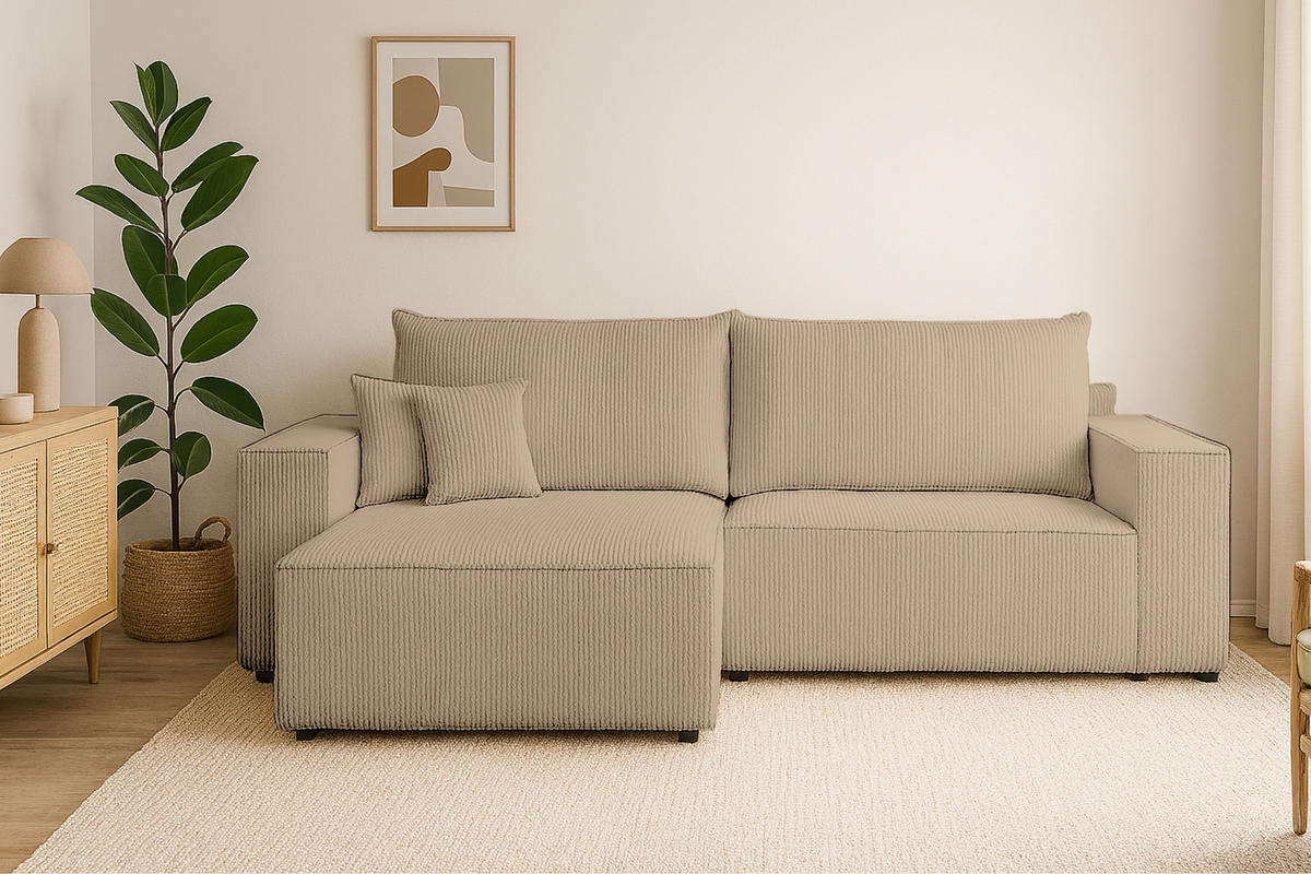 ECKSOFA MATT 255/153 cm links in Cord Beige - Beige/Schwarz, Holz/Holzwerkstoff (255/153cm) - Deine Möbel 24