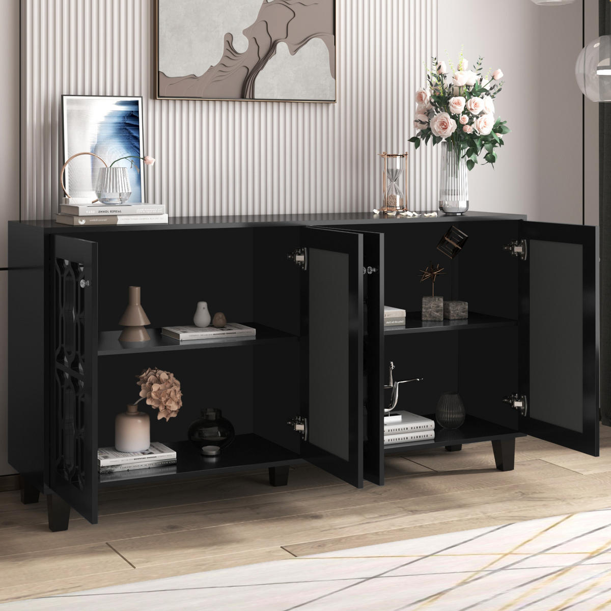 SIDEBOARD Schwarz, 4 Türen, Spiegeloptik, herausnehmbare Fächer - Schwarz, Holz (160/84/40cm)