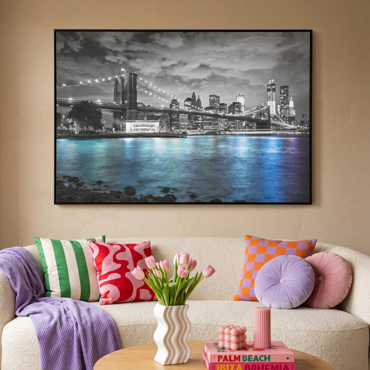 LEINWAND Bilder mit Rahmen - New York - Skyline - Stadt - Blau - 140x90 - Blaugrau, Textil (140/90cm) - MuchoWow