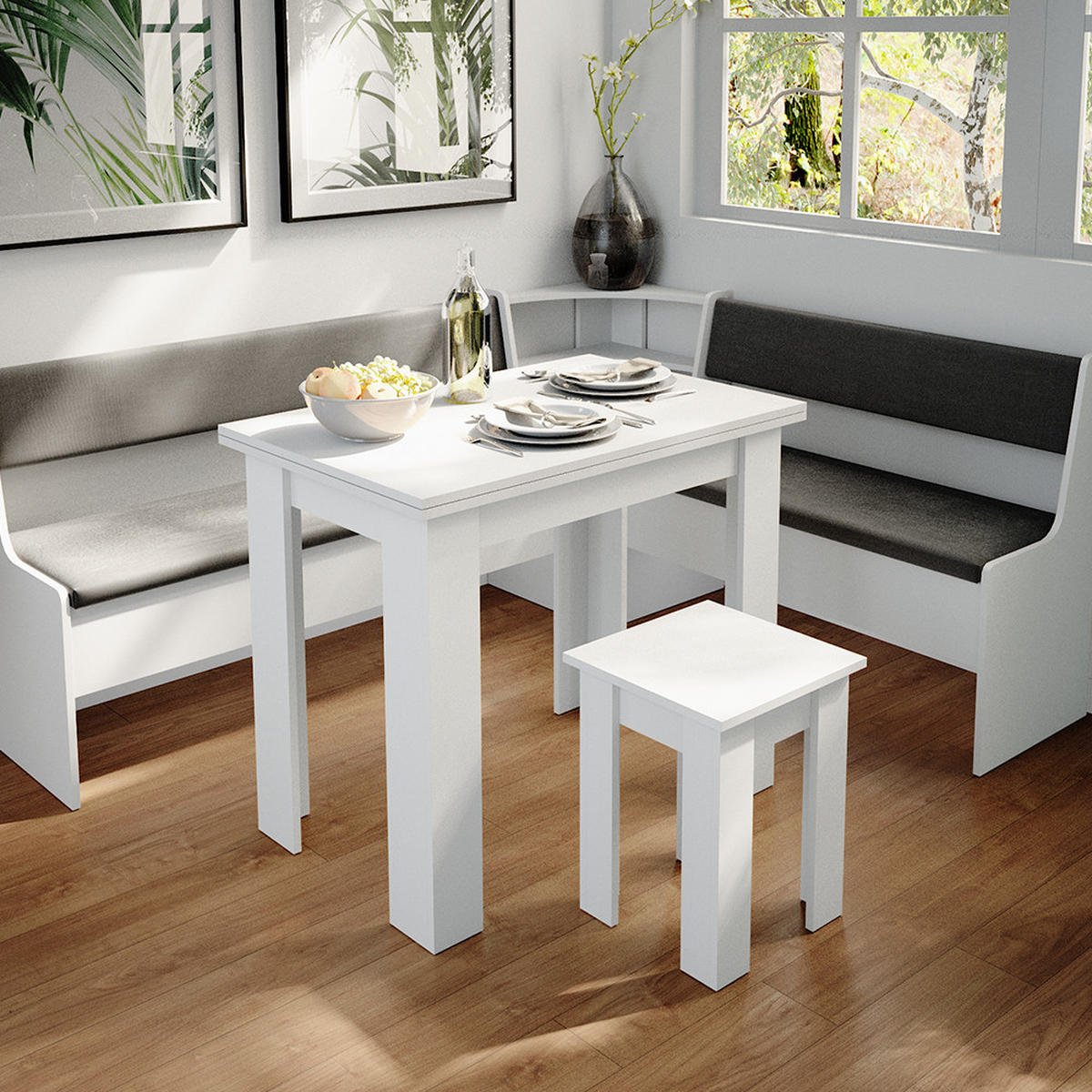 ECKBANKGRUPPE Roman Weiß 180 x 41.5 cm mit Tisch - Anthrazit/Weiß, Holzwerkstoff (180/80/150cm) - Vicco