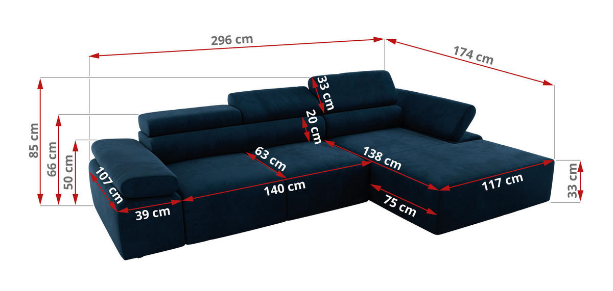ECKSOFA RILASSO L Dunkelblau Velvet - links - Schwarz/Dunkelblau, Kunststoff/Textil (296/174cm) - MKS