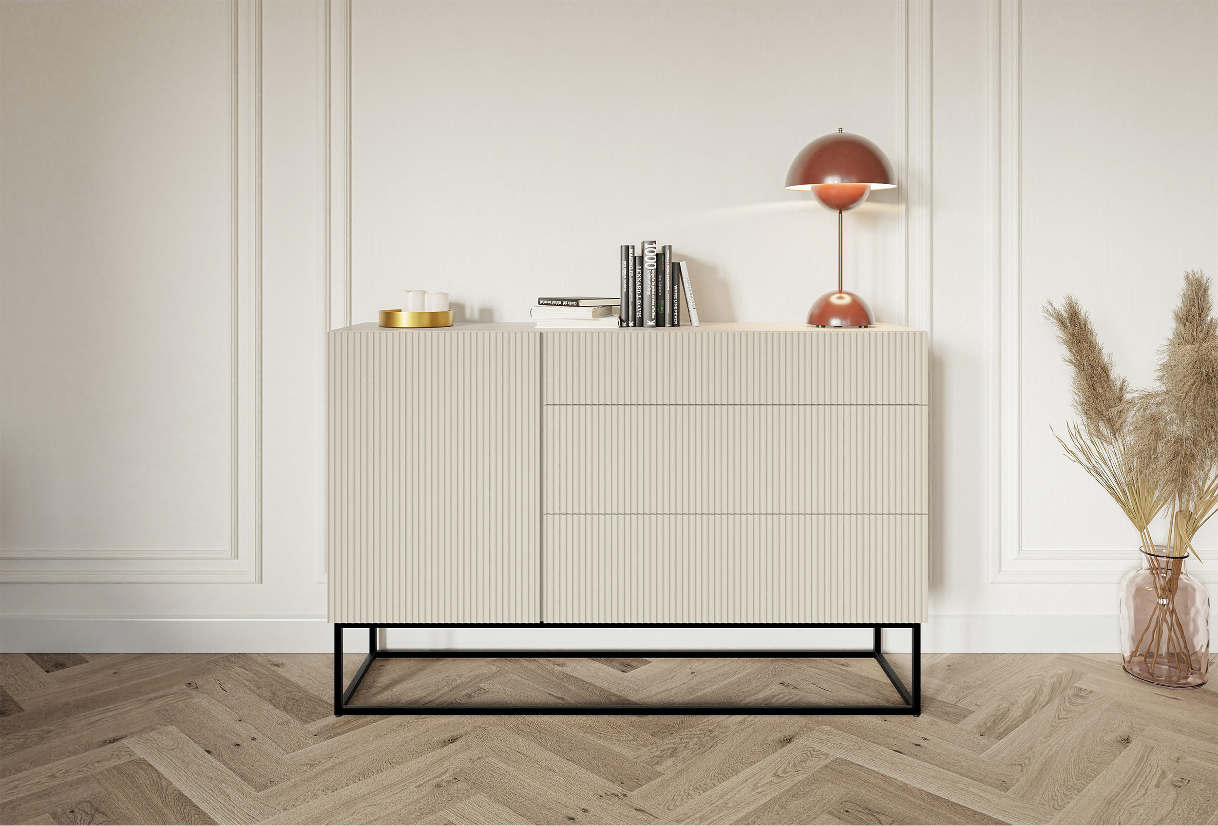 SIDEBOARD Veldio Graubeige mit Schubladen und schwarzen Beinen 140 cm - Greige/Schwarz, Holzwerkstoff/Metall (140/90/38cm) - Selsey