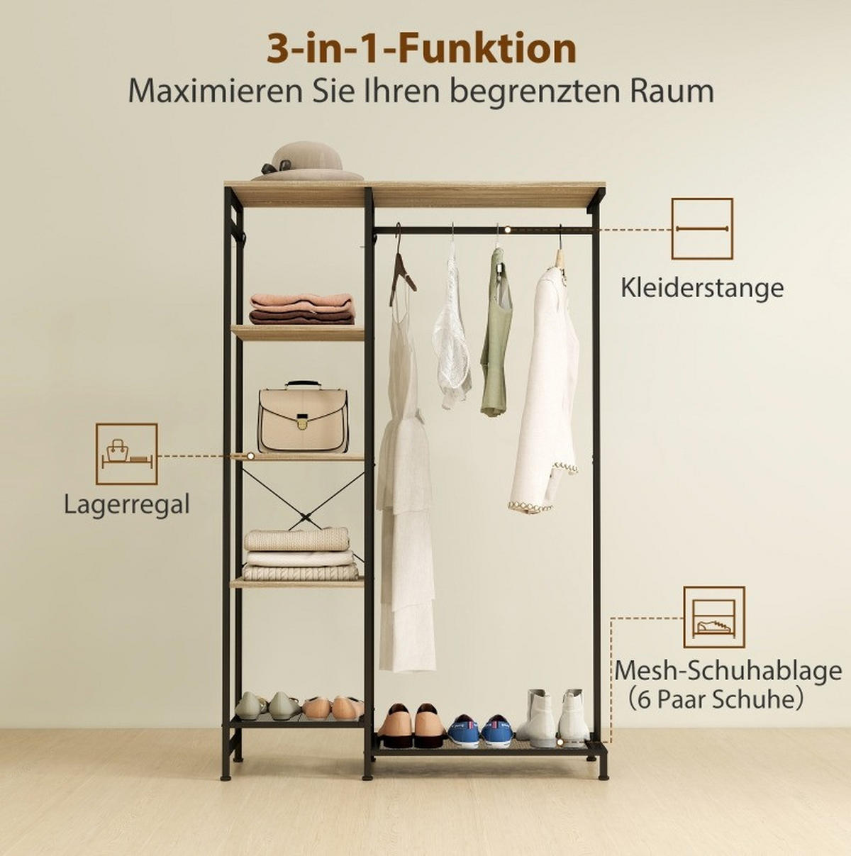 STANDGARDEROBE 100/35/156 cm mit Kleiderstange, Schuhablage und Ablage in Eiche - Eichefarben, Metall (100/156/35cm) - BEAOK