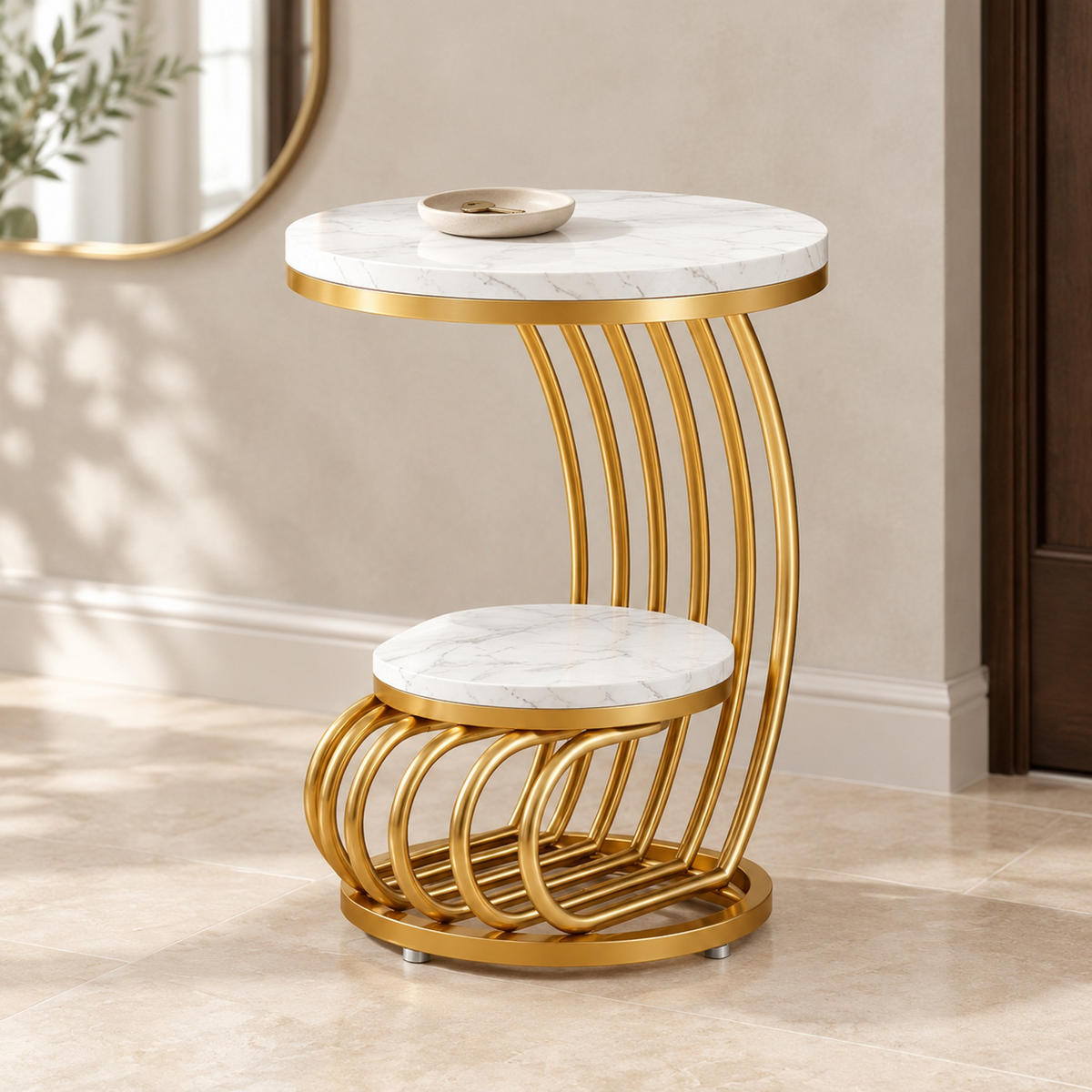 BEISTELLTISCH rund ca. 50 x 63 cm Kunstmarmor Gold mit 2 Ablagen - Goldfarben, Metall (50/50/63cm) - Meubliv
