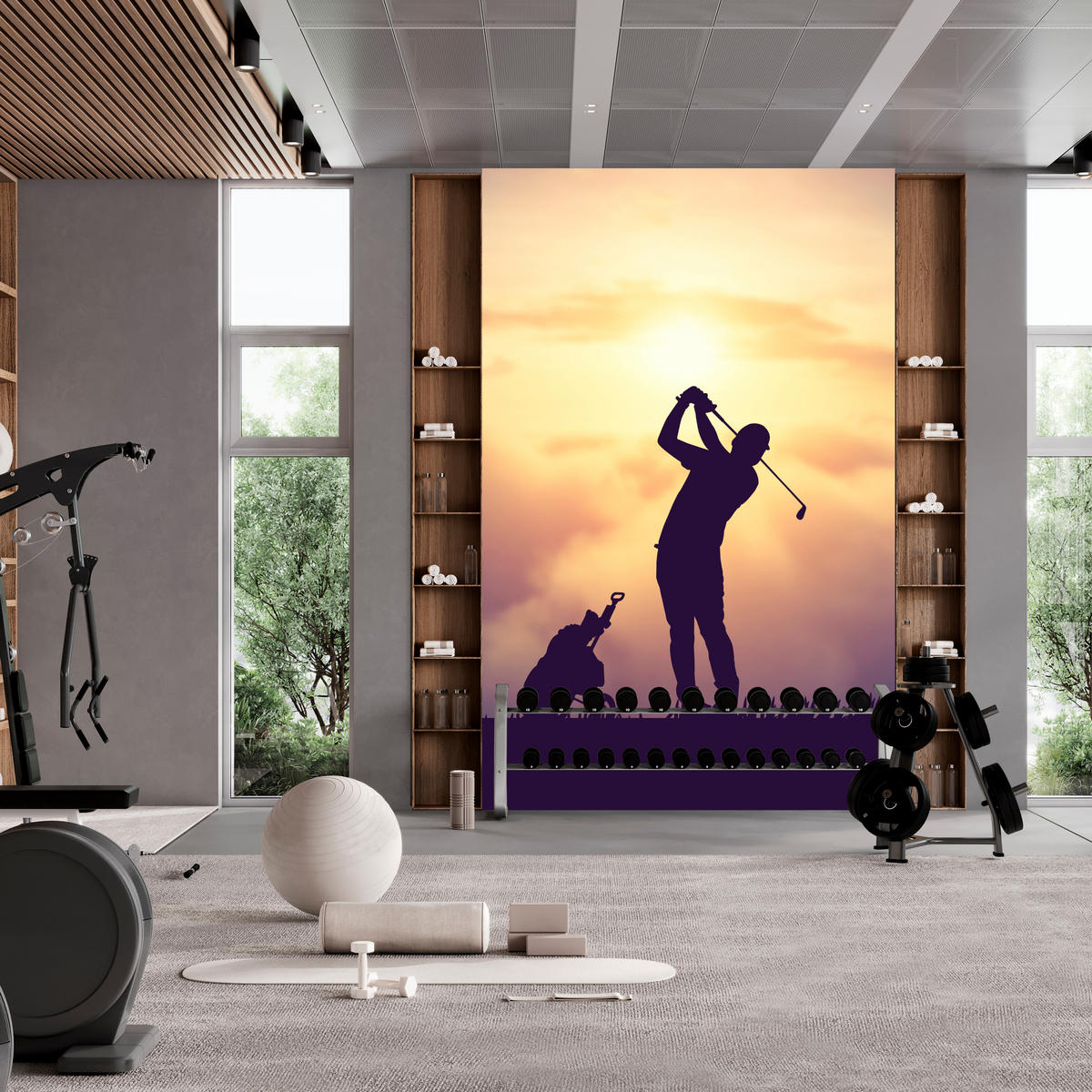 FOTOTAPETE für Jugendzimmer Golfer Sonnenuntergang Silhouette Sport 200x140 - Gelb/Violett, Papier (200/140cm) - Muralo