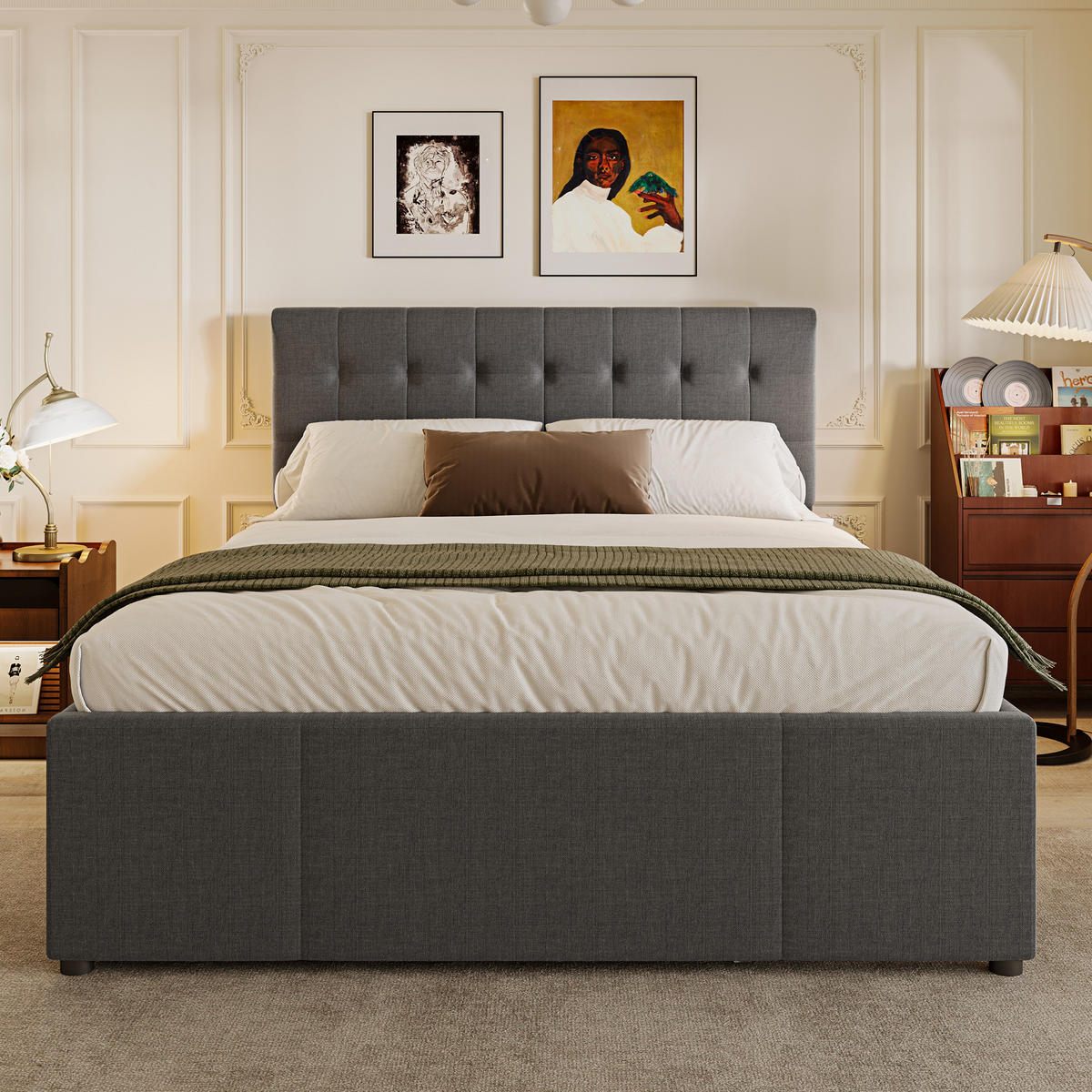 POLSTERBETT 140x200cm Grau Doppelbett 3 Schubladen Ausziehbett Kopfteil - Grau, Holz (140/200cm) - FLIEKS