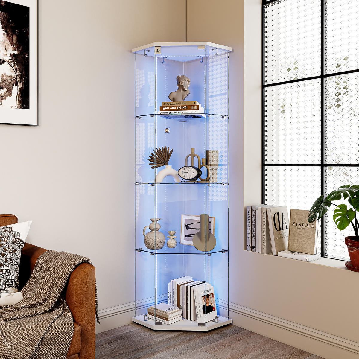 GLASVITRINE freistehend LED 1 Tür Schloss Glas weiß - Weiß, Holz (60/162/40cm) - LEBENLANG