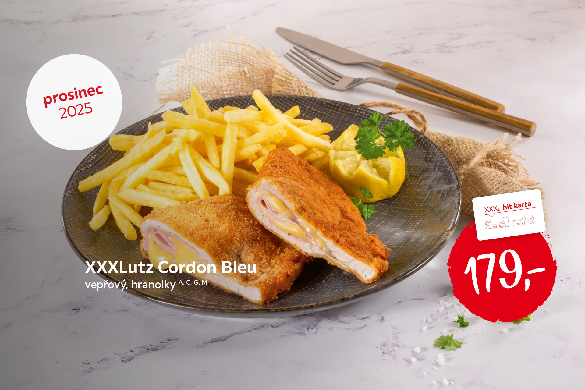 XXXLutz Cordon Bleu vepřový, hranolky, cena 179 Kč