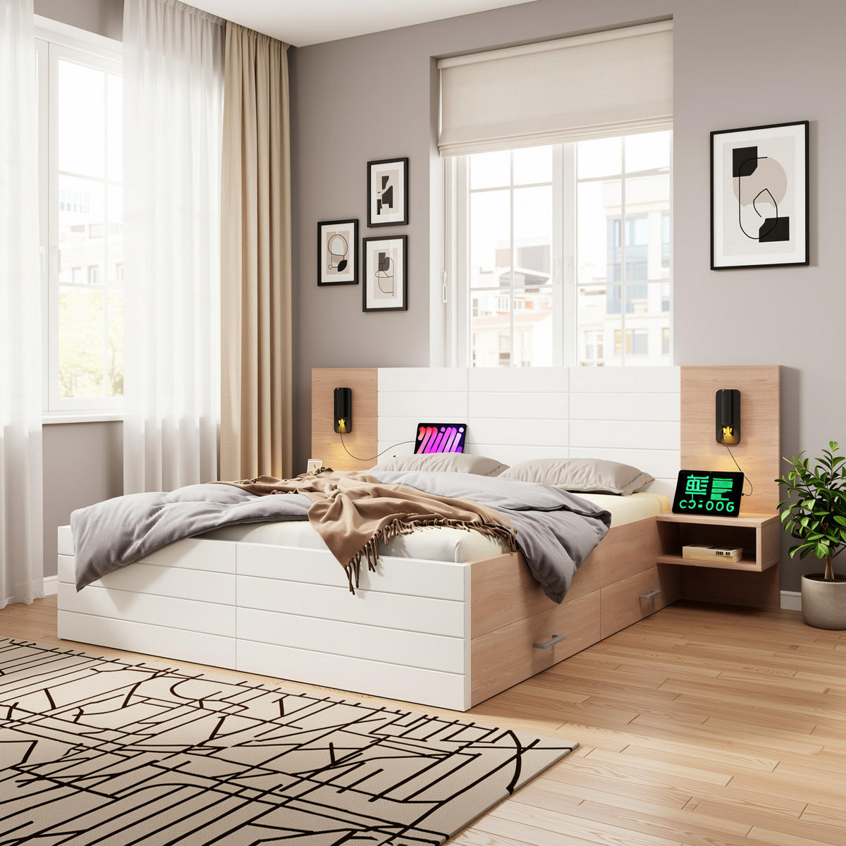 ČALOUNĚNÁ POSTEL masivní dřevo dub a bílá 160x200 s nočními stolky a zásuvkami pod postel - bílá/barva dubu, kompozitní dřevo (160/200cm) - Urban Meuble