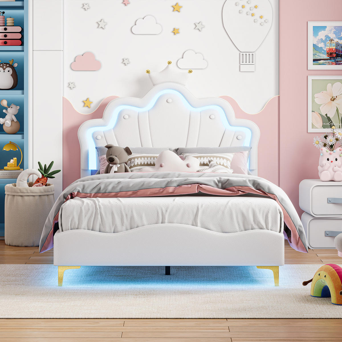 ČALÚNENÁ posteľ 140x190 cm s LED osvetlením, korunou a PU poťahom, biela - biela, kov (140/190cm) - EuroLiving