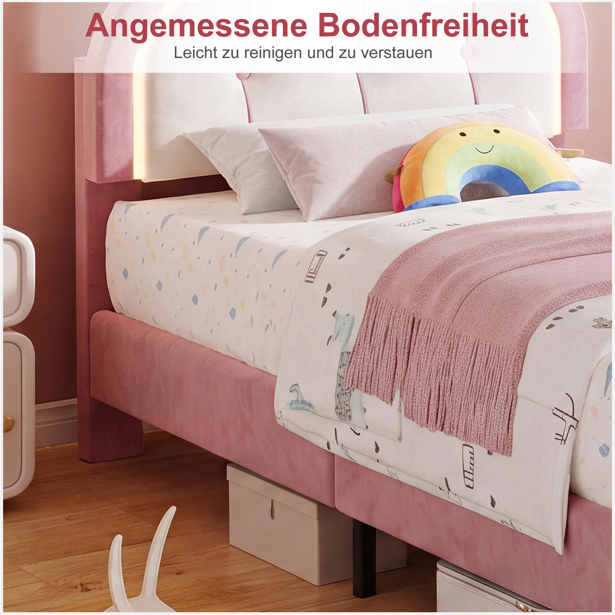 KINDERBETT 90 x 200 cm mit LED Hasenohren Kopfteil,Polsterbett mit Lattenrost, Samtstoff, Mit Schubladen,für Kinder, Mädchen - Pink, Holz/Holzwerkstoff (90/200cm) - BursDany