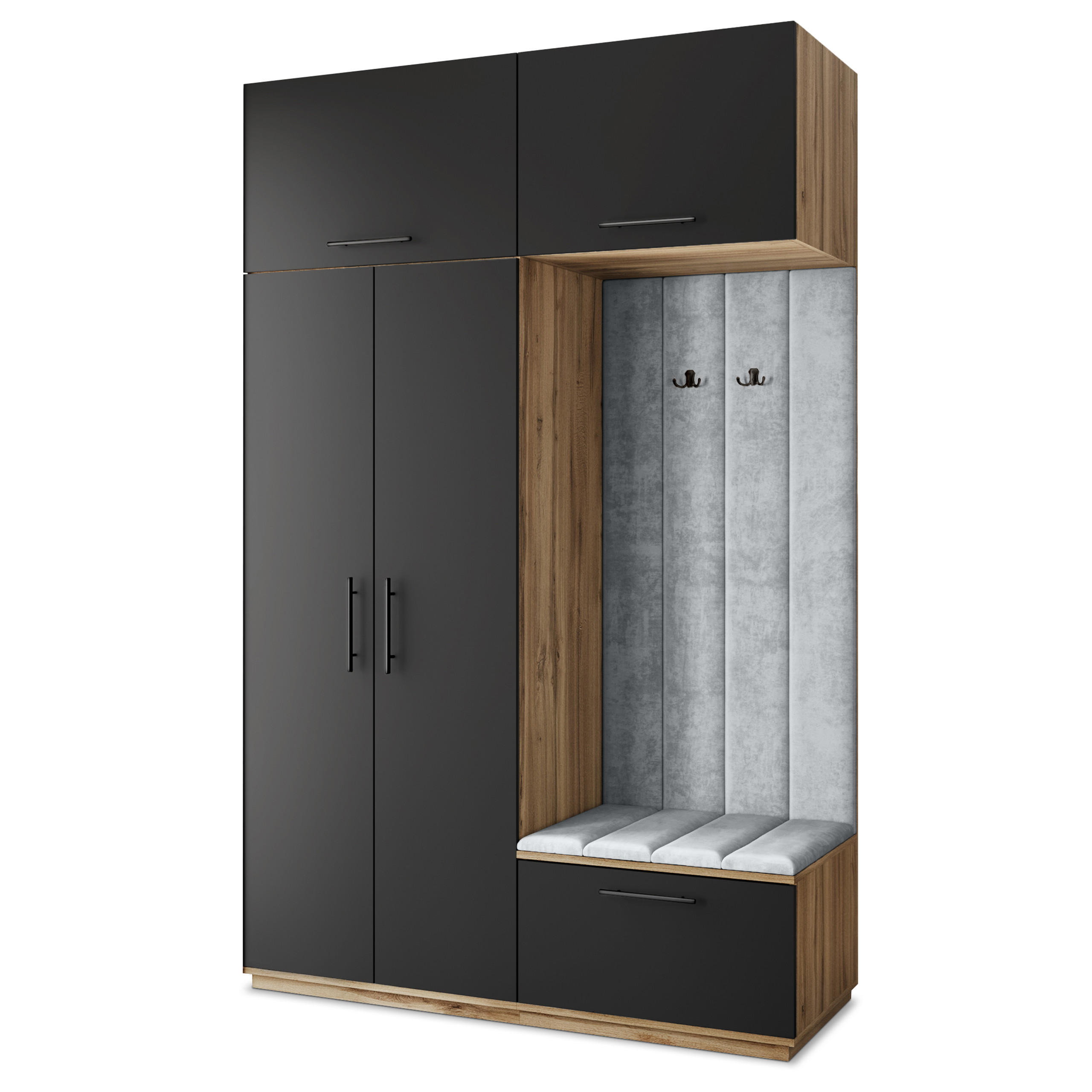 Masseno Garderobenschrank Eiche Wotan, Schwarz, Hellgrau 150x240x60 cm
