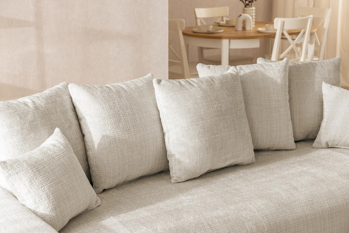 SCHLAFSOFA Calma mit Bettkasten im Bumpy-Design aus weichem Beige Chenille-Stoff - Beige/Schwarz, Holz/Kunststoff (239/88/98cm) - S-Style Möbel