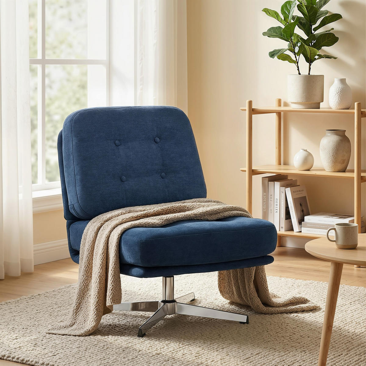 SESSEL DE-06910 drehbar mit Chenille, breitem Sitz und Federkissen Dunkelblau - Blau, Textil/Metall (70/84/87cm) - ComfortXL