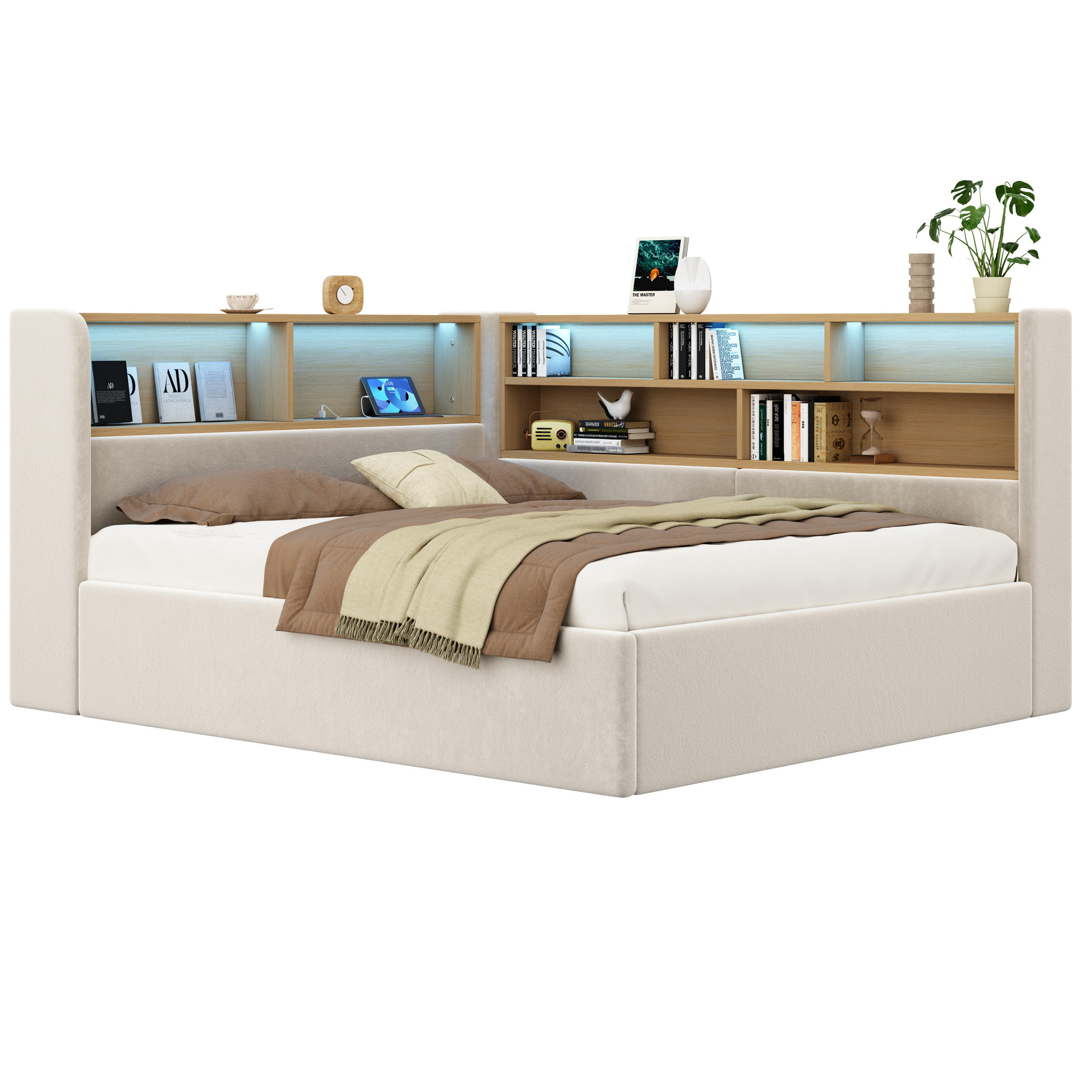 POLSTERBETT 140/190 cm in Beige Samt mit Bettkasten, LED und USB/Type-C - Beige, Holzwerkstoff/Textil (140/190cm) - WISHDOR