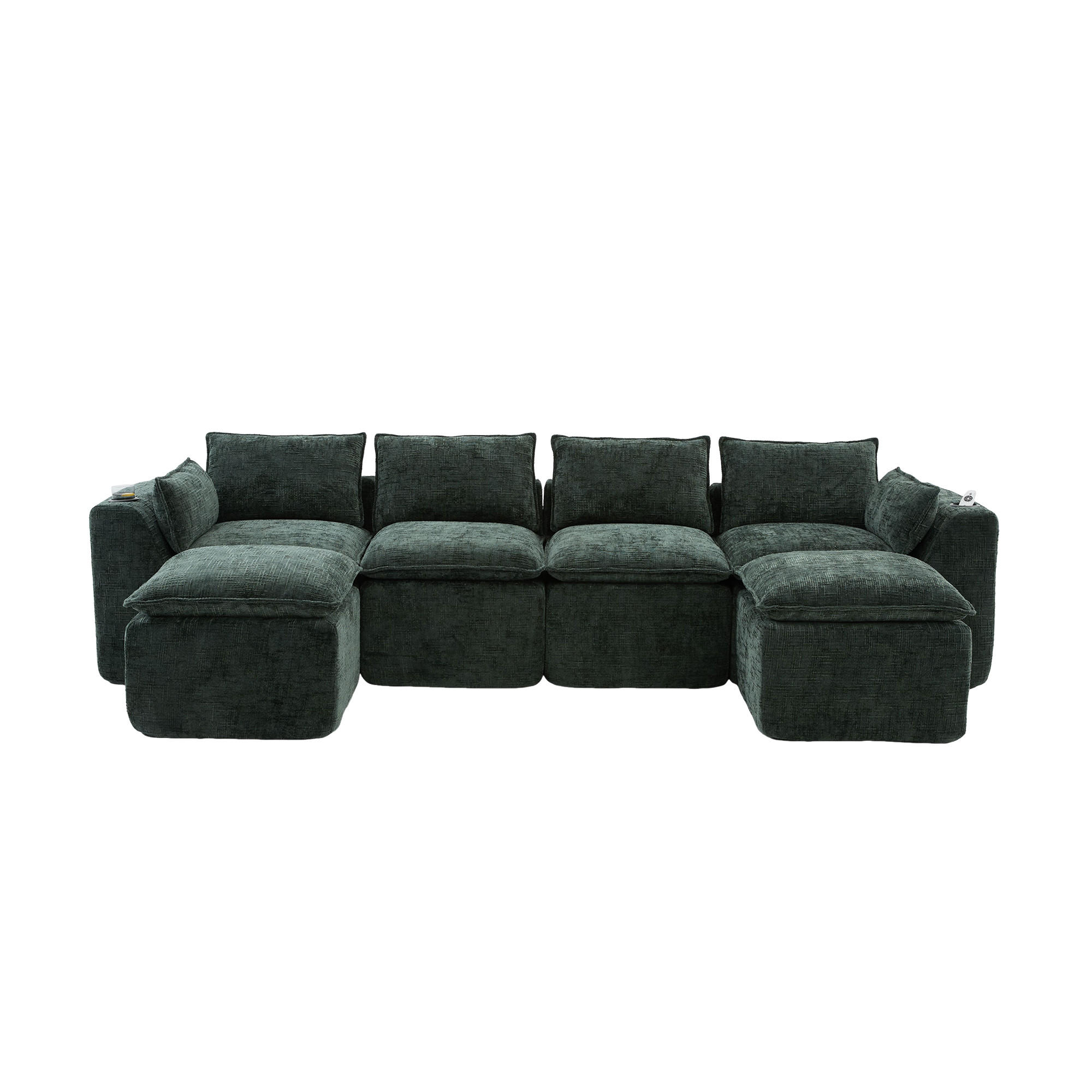 4-SITZER-SOFA aus Chenille, modular mit 2 Fußhockern und Getränkehaltern - Grün, Textil (322/75/161cm) - Urban Meuble