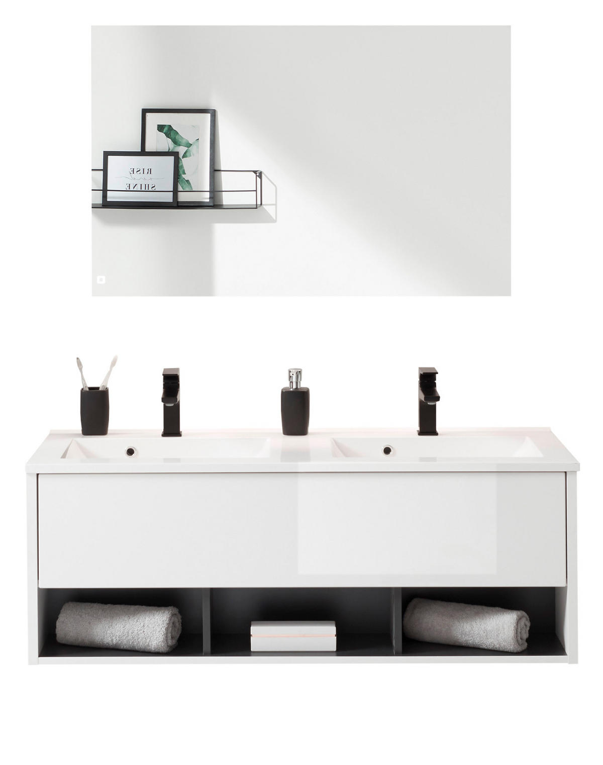 BADMÖBEL Set in weiß Hochglanz und grau mit Doppelwaschbecken und LED Beleuchtung 120 x 190 cm Glide - Weiß Hochglanz/Grau, Glas/Holzwerkstoff (120/190/47cm) - Furn.Design